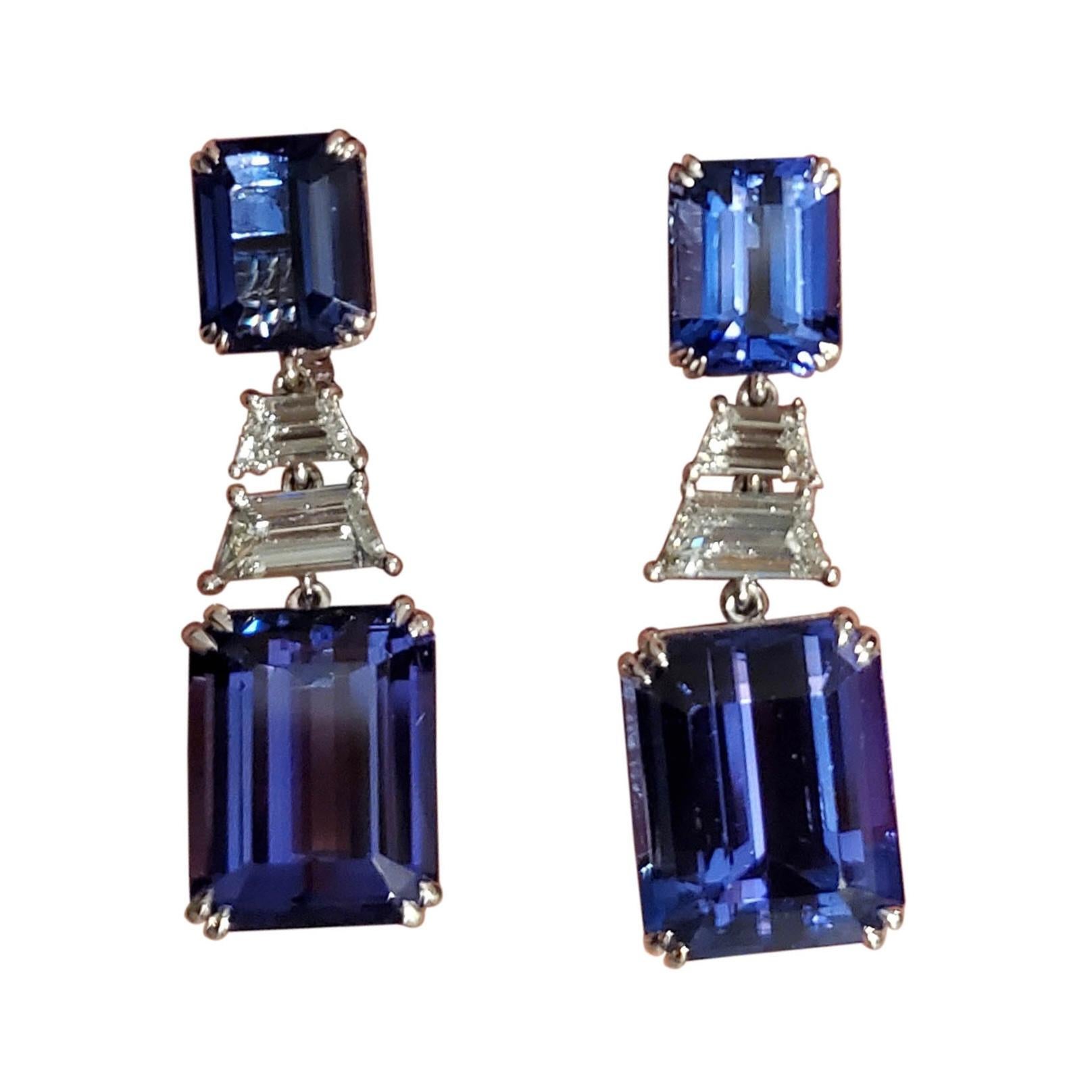 30.32 Carat Natural Tanzanite and White Diamond Gold Dangle Earrings For Sale 2