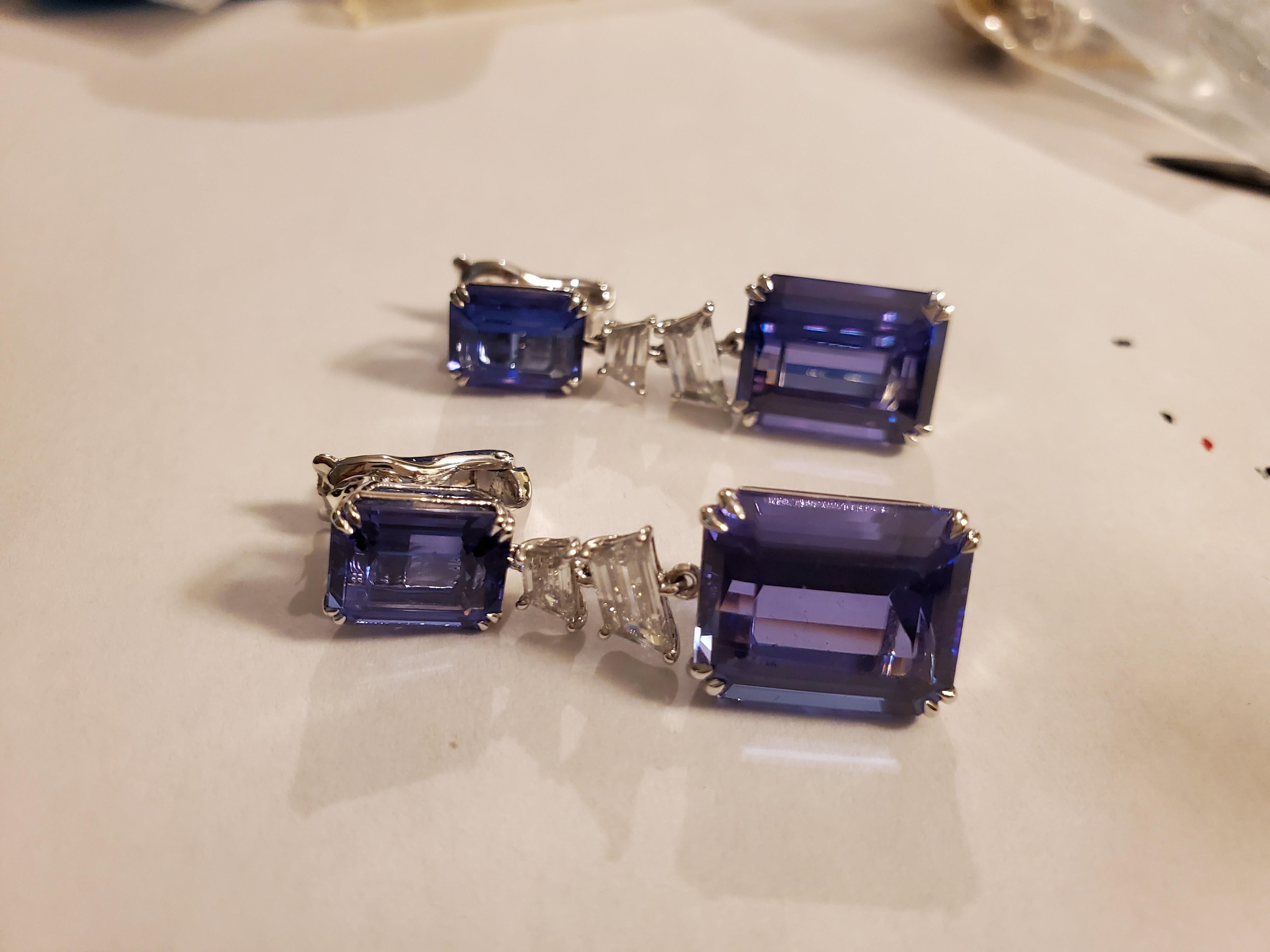30.32 Carat Natural Tanzanite and White Diamond Gold Dangle Earrings For Sale 3
