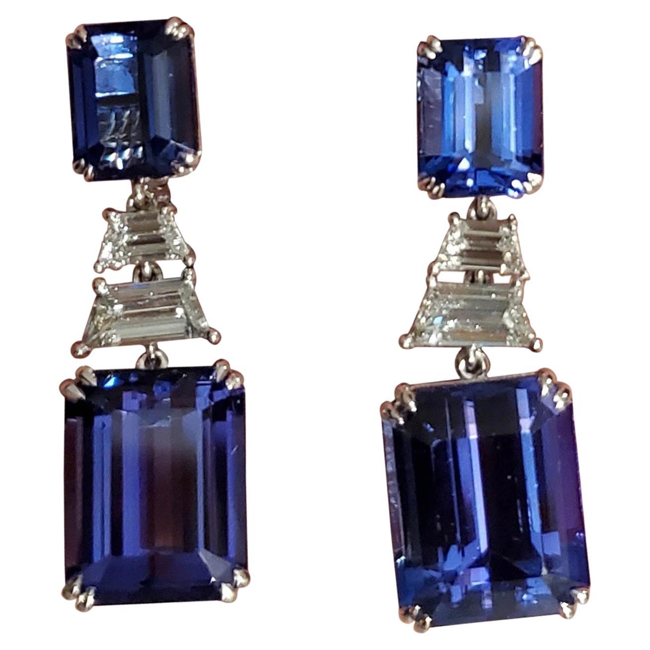 30.32 Carat Natural Tanzanite and White Diamond Gold Dangle Earrings For Sale