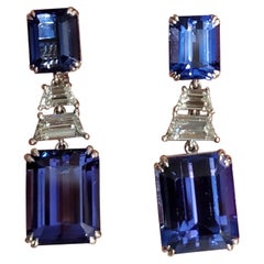 30.32 Carat Natural Tanzanite and White Diamond Gold Dangle Earrings