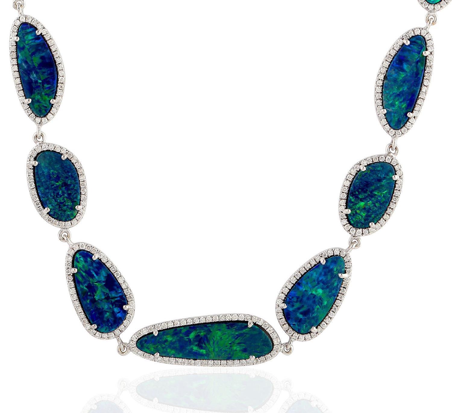 Oval Cut 30.32 Carat Opal Diamond 18 Karat White Gold Necklace One of a Kind For Sale