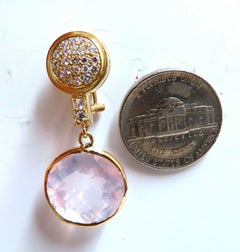 30.33 Carat Natural Rose Quartz Diamond Dangle Earrings 18 Karat Pink Flash*