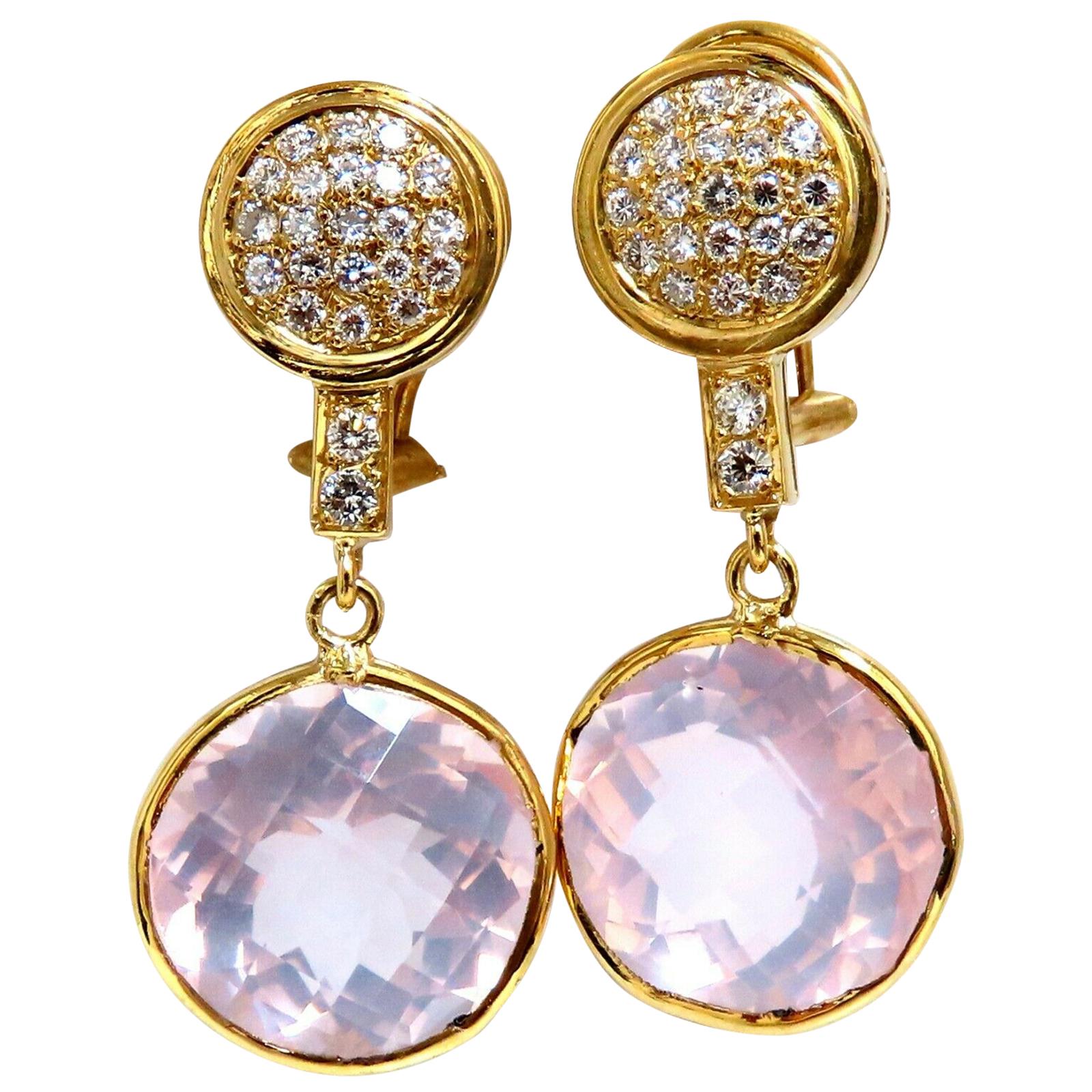 30.33 Carat Natural Rose Quartz Diamond Dangle Earrings 18 Karat Pink Flash For Sale