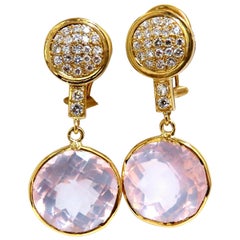 30.33 Carat Natural Rose Quartz Diamond Dangle Earrings 18 Karat Pink Flash*