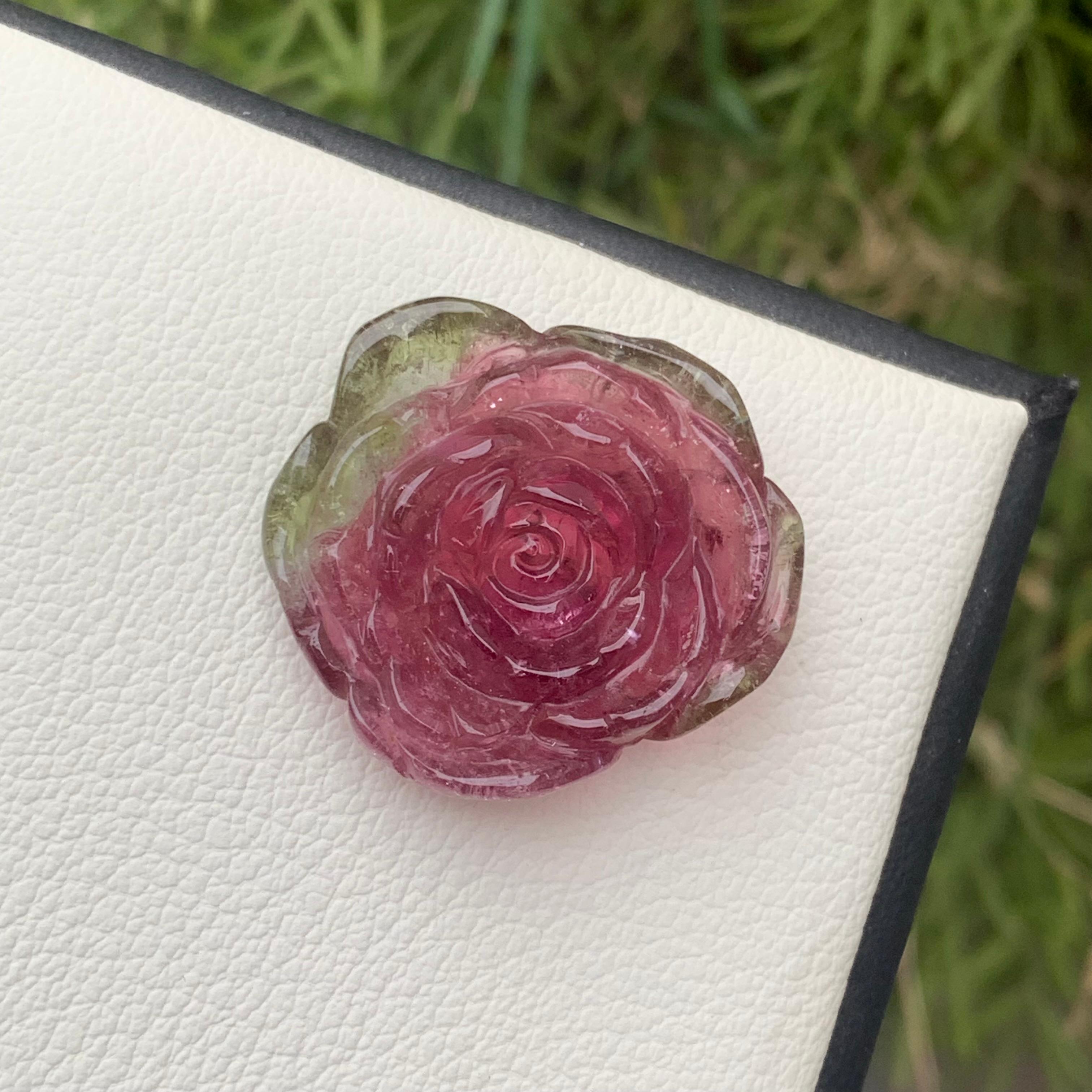 30.35 Carat Natural Watermelon Tourmaline Flower Carving / Carved For Sale 4