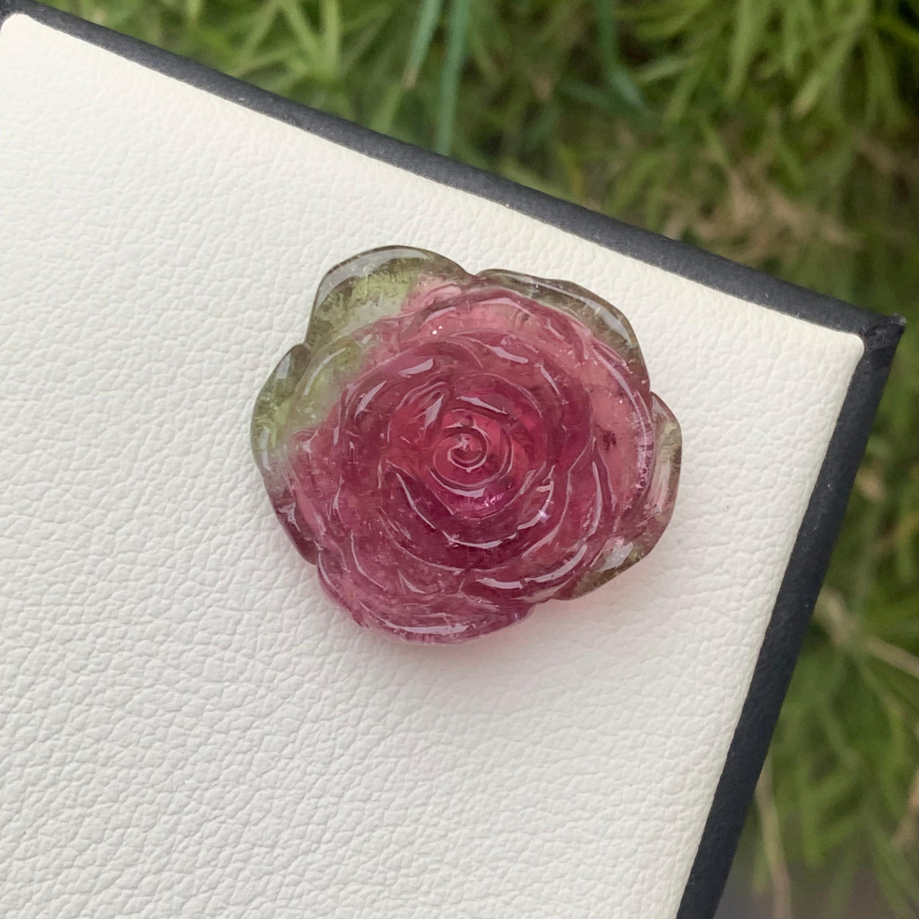 Art Deco 30.35 Carat Natural Watermelon Tourmaline Flower Carving / Carved For Sale