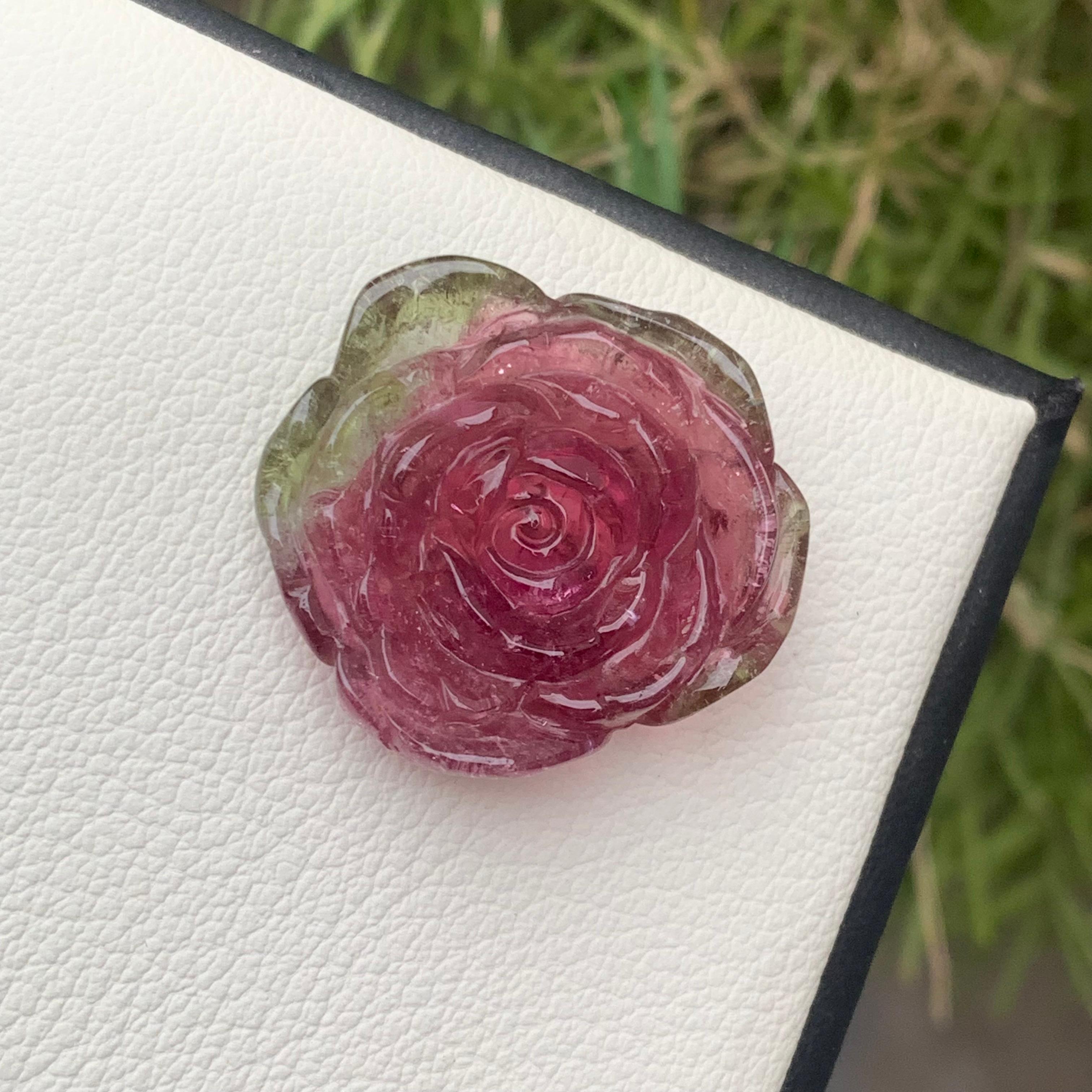 30.35 Carat Natural Watermelon Tourmaline Flower Carving / Carved For Sale 2