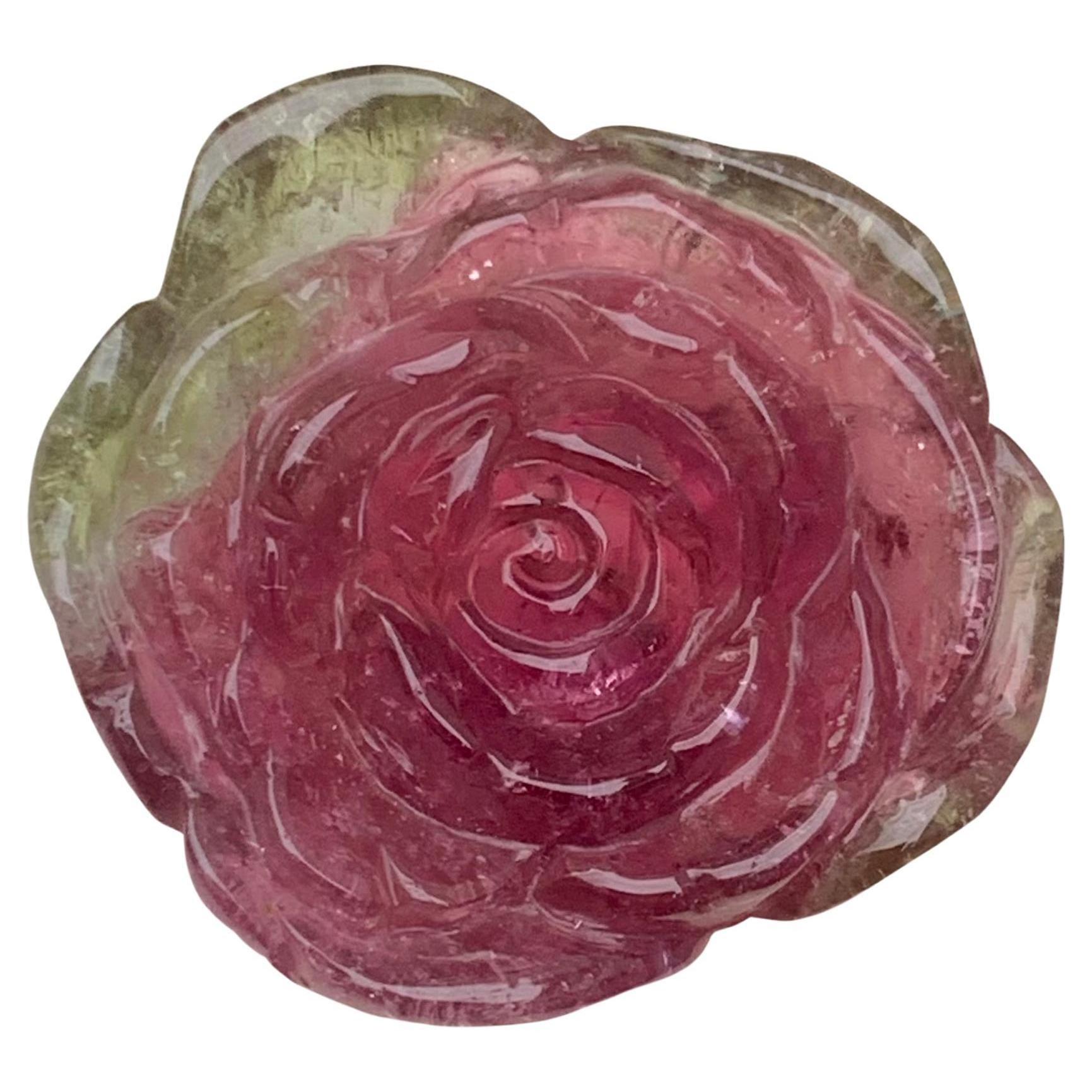 30.35 Carat Natural Watermelon Tourmaline Flower Carving / Carved For Sale