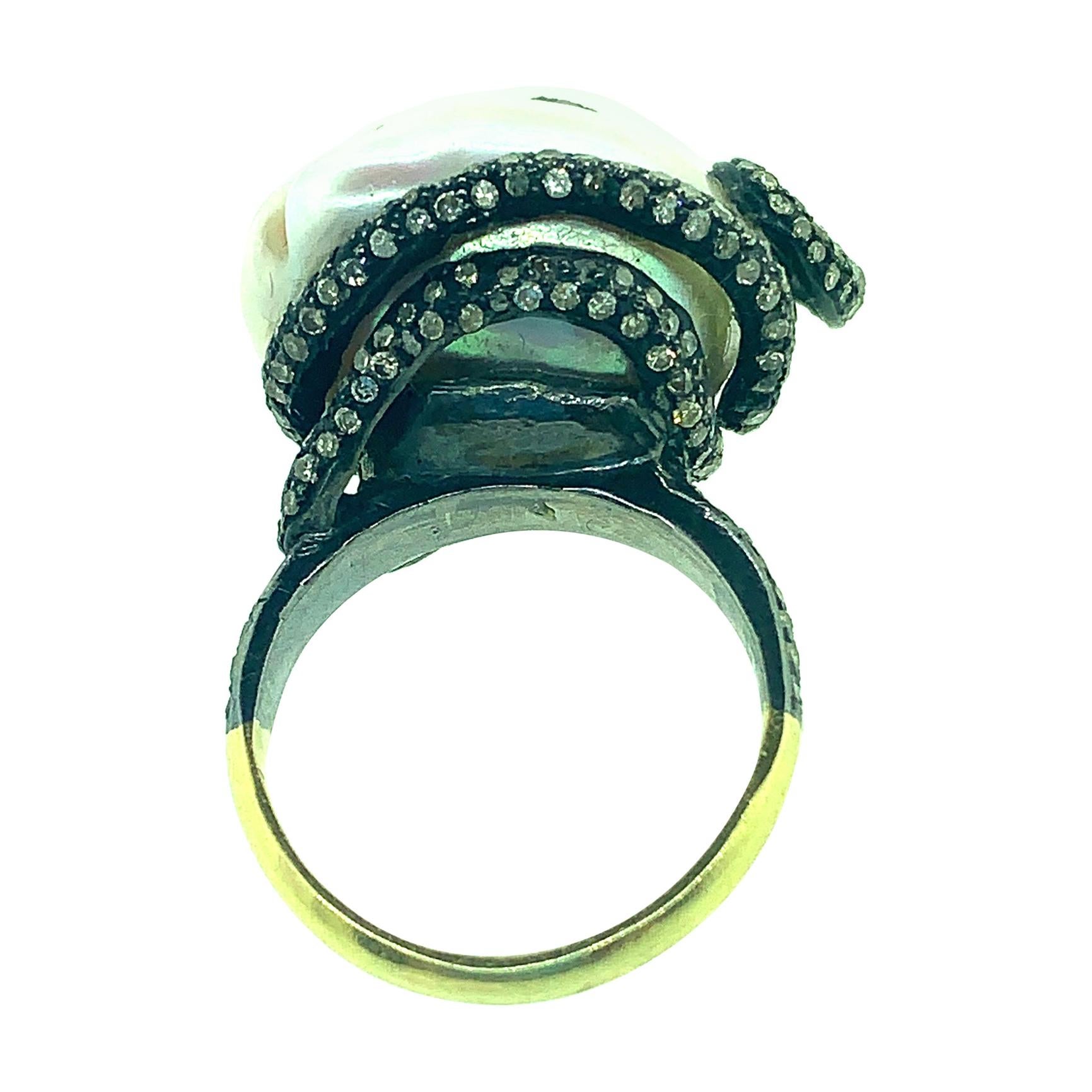 30.36 Carat Baroque Pearl 1.79 Carat Diamond Silver 14 Karat Ring For Sale