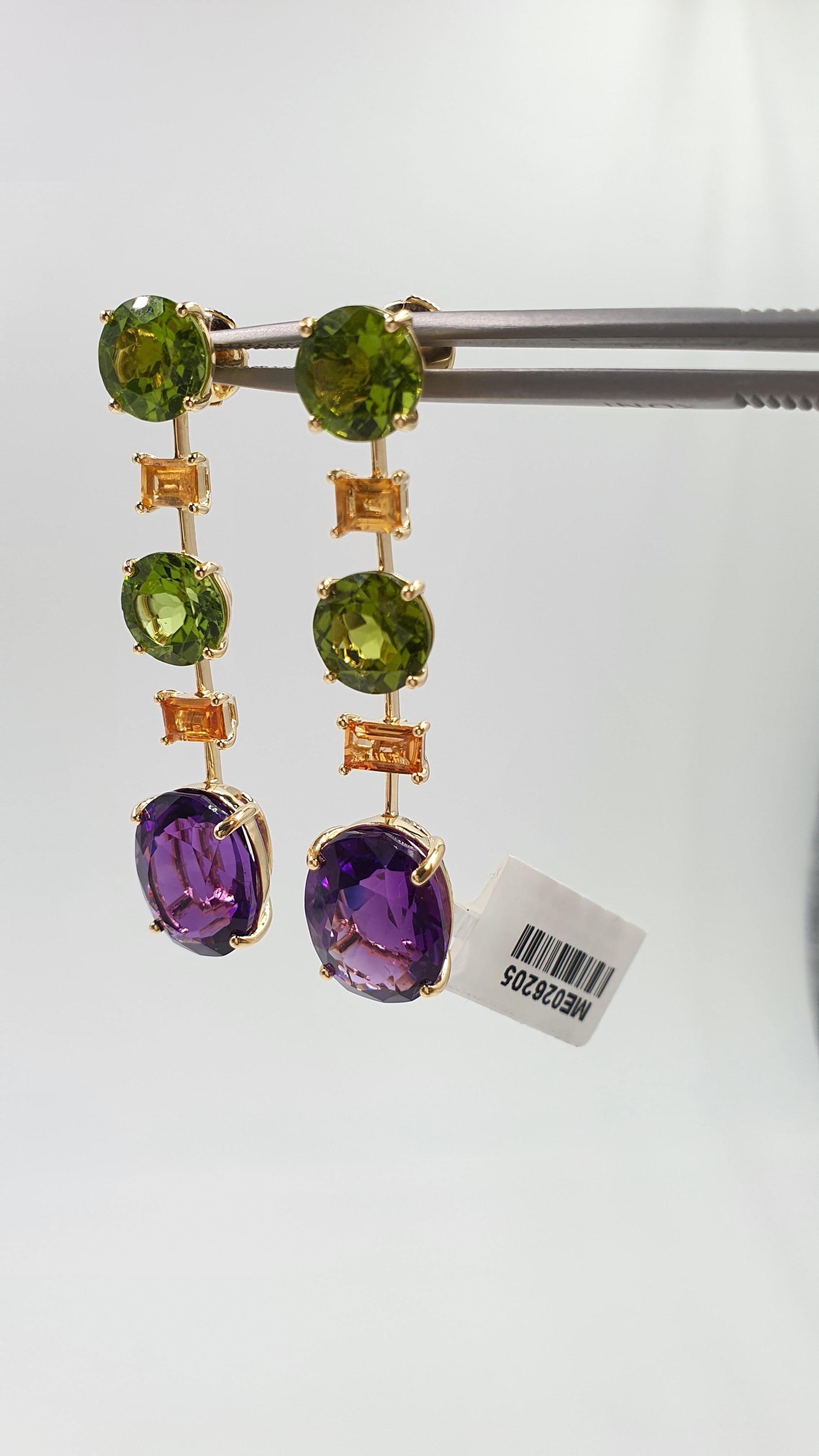 30.38 Carat Amethyst Peridot Sapphire 18 Karat Yellow Gold Drop Earrings In New Condition For Sale In Territet, CH