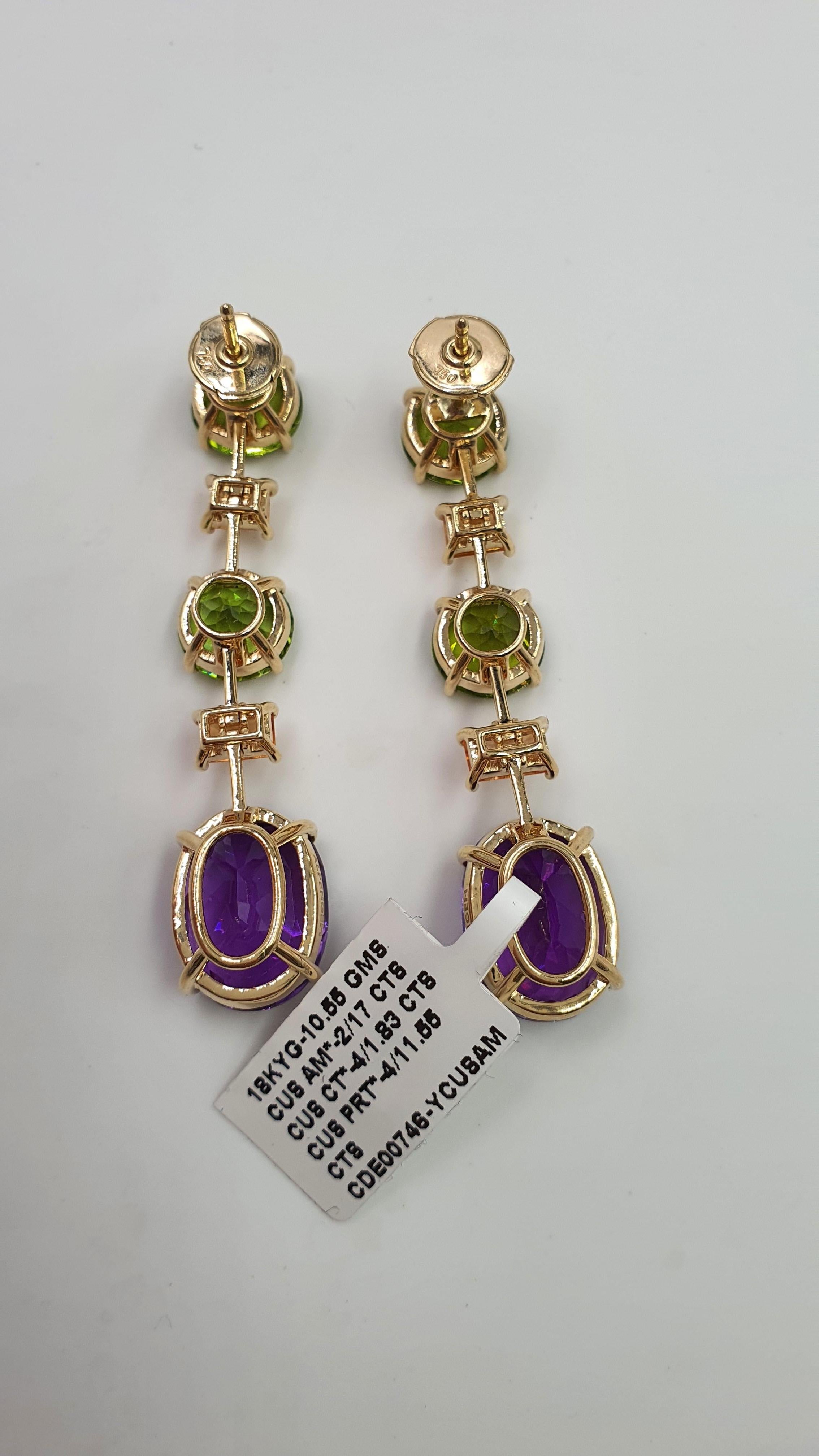 Women's or Men's 30.38 Carat Amethyst Peridot Sapphire 18 Karat Yellow Gold Drop Earrings For Sale