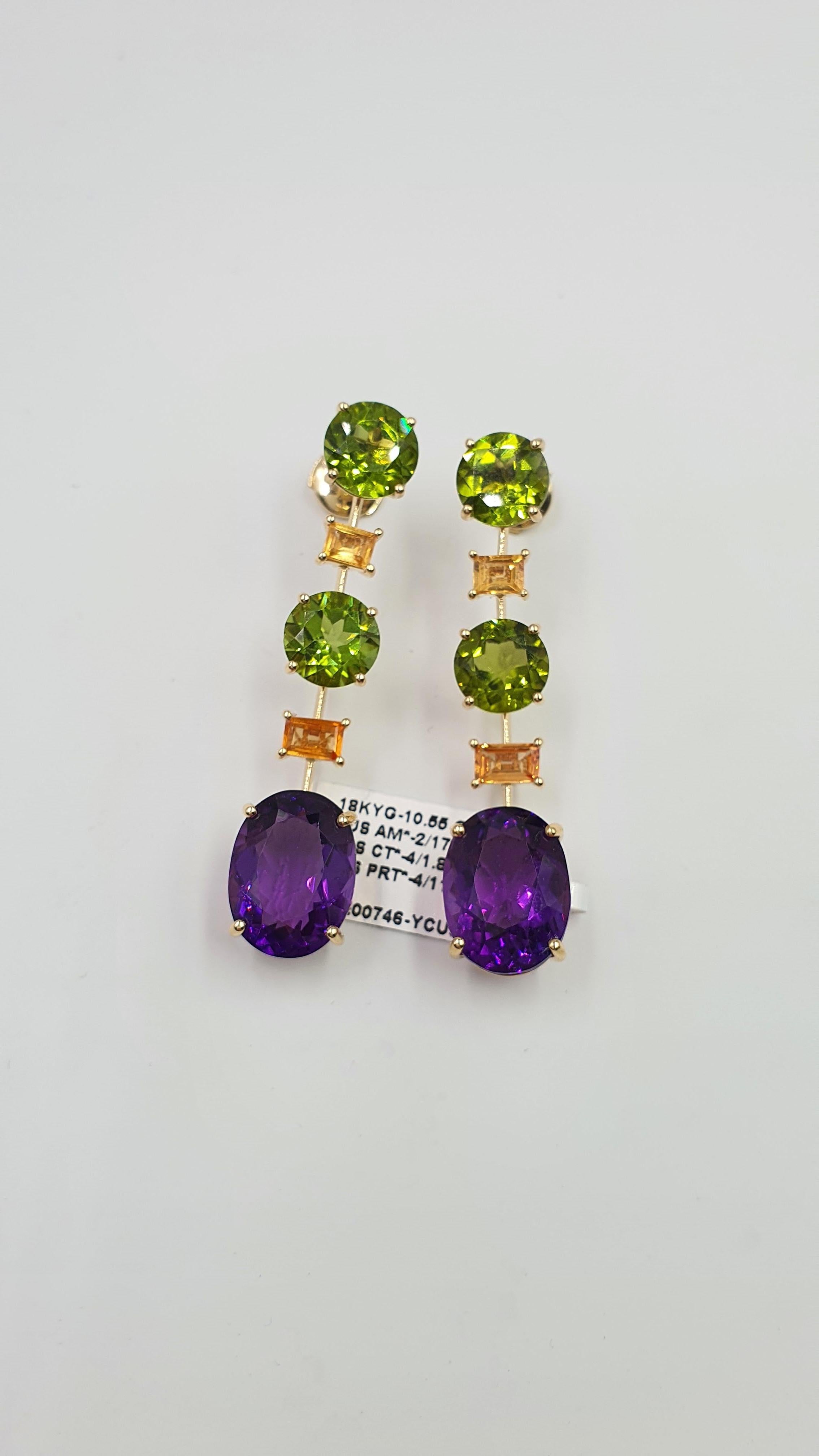 30.38 Carat Amethyst Peridot Sapphire 18 Karat Yellow Gold Drop Earrings For Sale 1