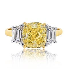 3.03ct Fancy Vivid Yellow Cushion Cut Three Stone Diamond Engagement Ring