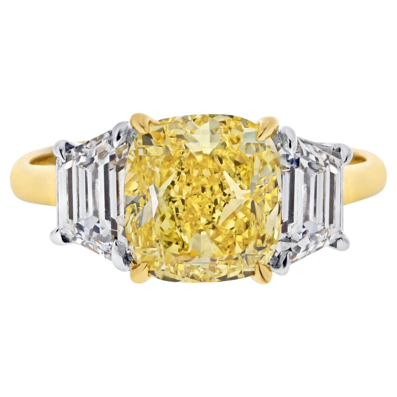 3.03ct Fancy Vivid Yellow Cushion Cut Three Stone Diamond Engagement Ring For Sale