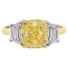 3.03ct Fancy Vivid Yellow Cushion Cut Three Stone Diamond Engagement Ring
