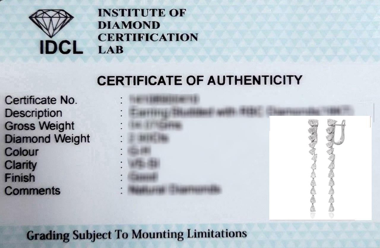 3.03Ct Graduated Pear Diamond Lever Back Long Drop Earrings 18 Karat White Gold For Sale 1