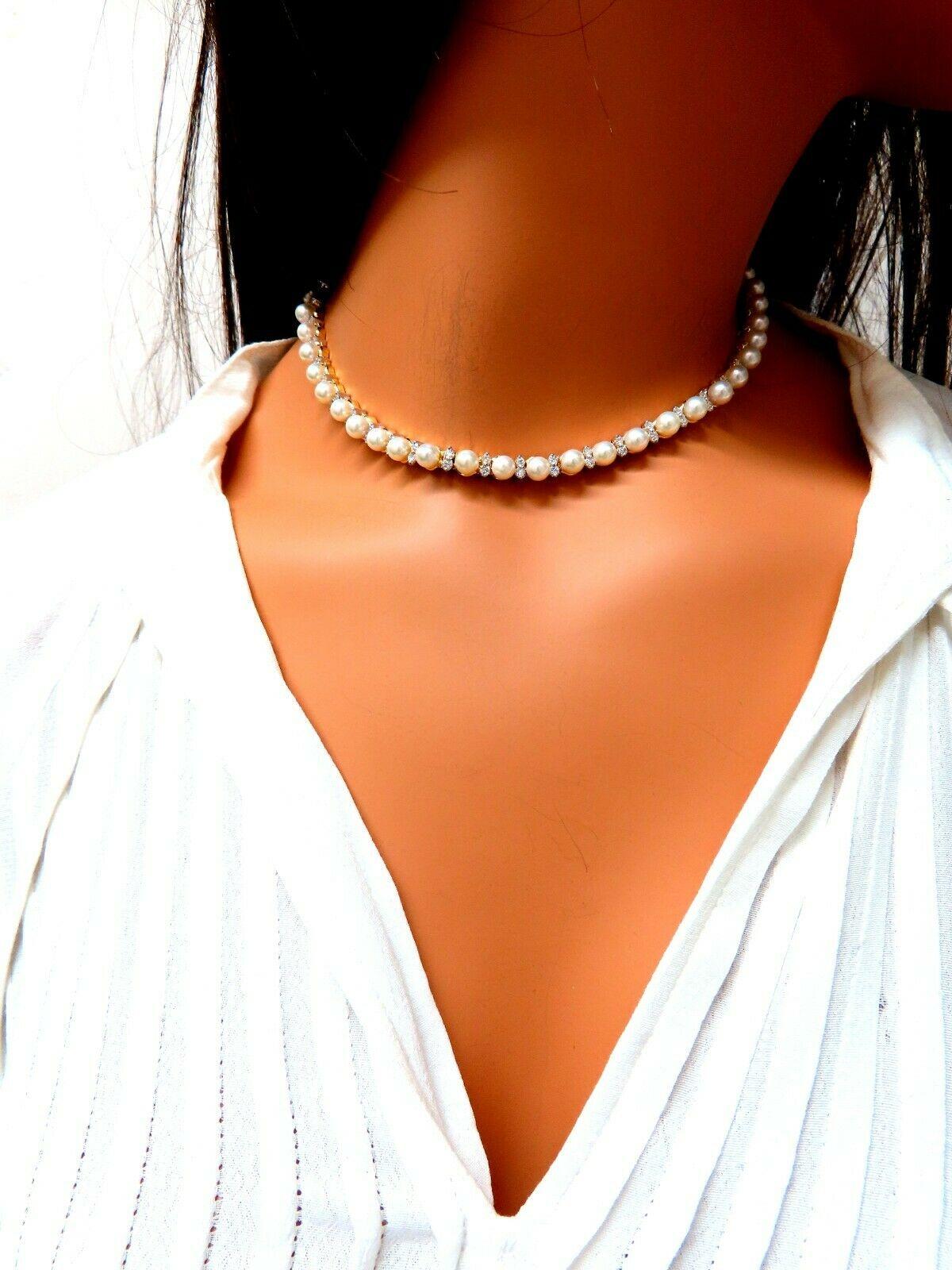 3.03 Carat Natural Akoya Pearls and Diamonds Riviera Necklace 14 Karat Gold In New Condition For Sale In New York, NY