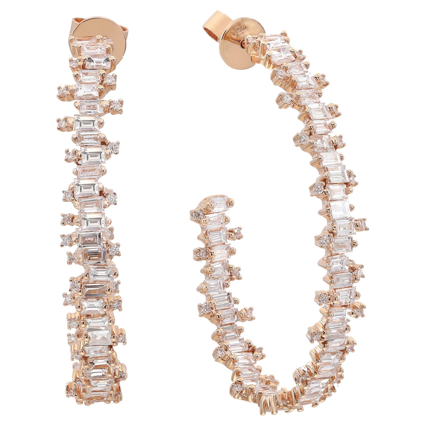 3.03cttw Inside Out Baguette & Round Cut Diamond Hoop Earrings 18K Rose Gold For Sale