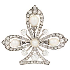 3.03ctw European Cut Diamond & Pearl Edwardian Clover Brooch 18k Gold & Platinum