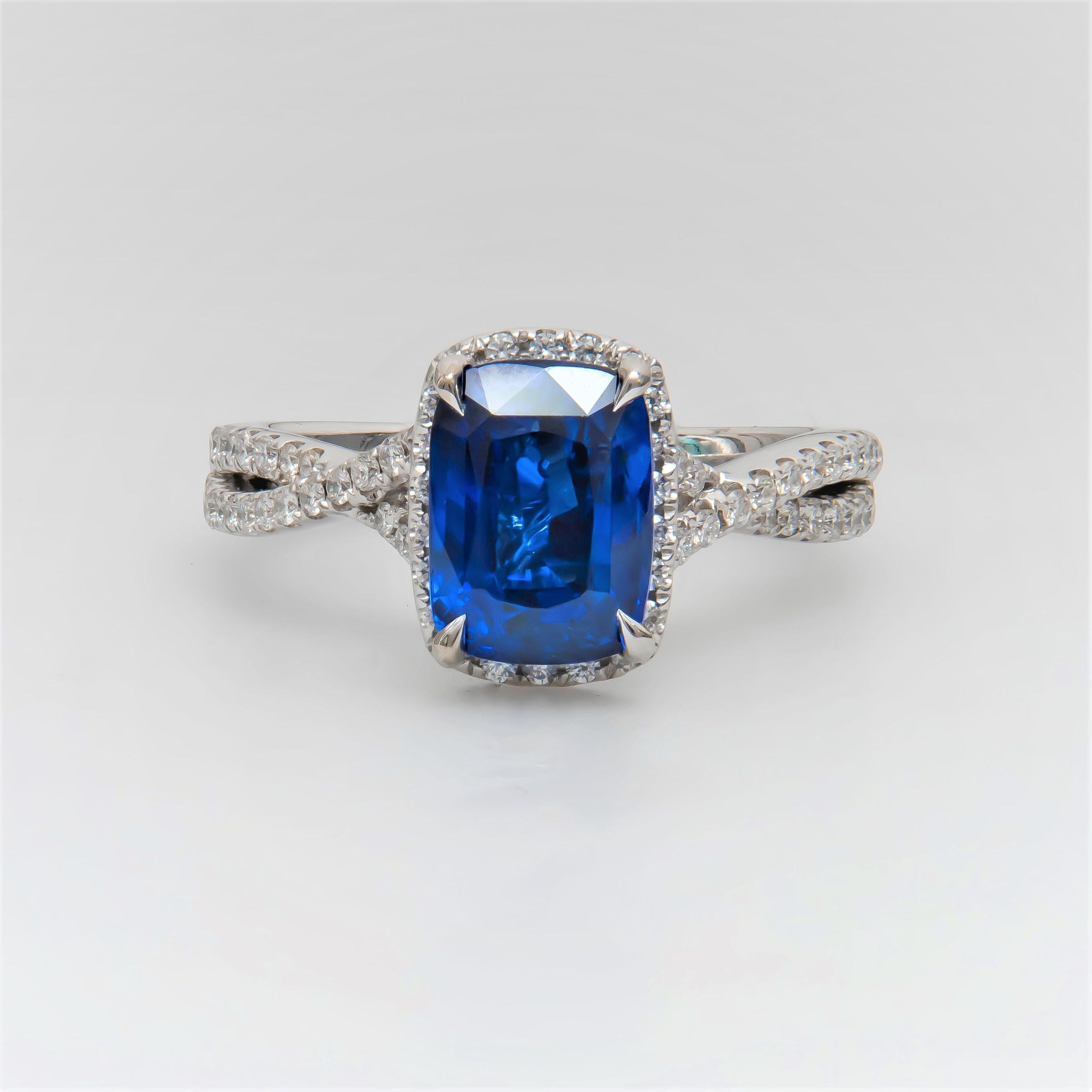 3.04 Carat Cushion Cut Natural Blue Sapphire Sri Lanka ‘GIA’ and Diamond Ring 2