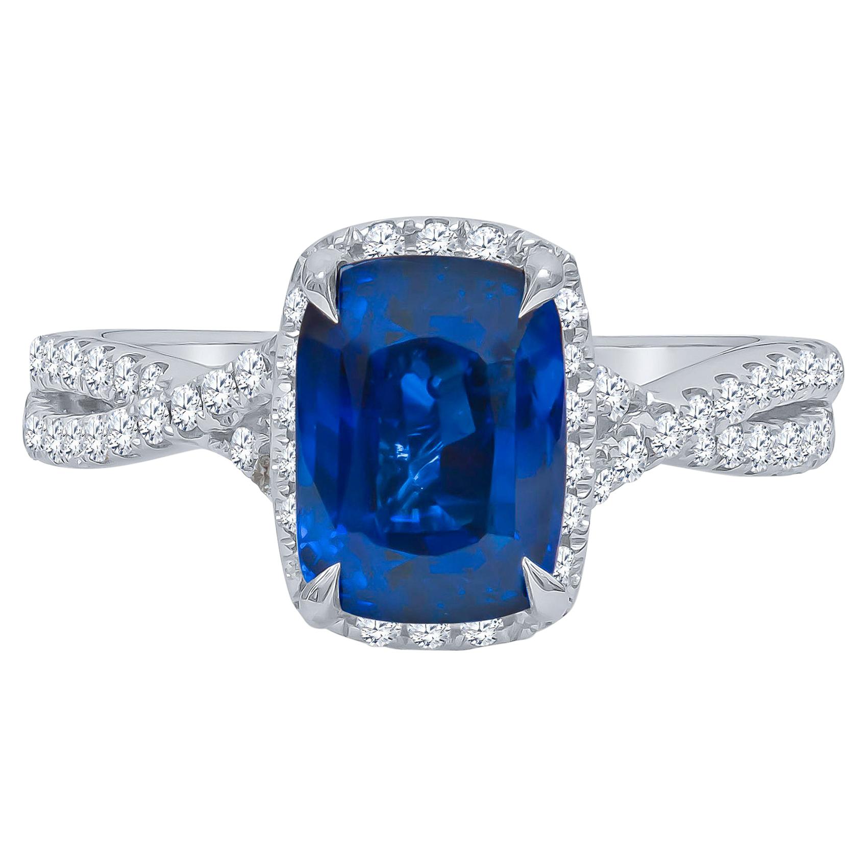 3.04 Carat Cushion Cut Natural Blue Sapphire Sri Lanka ‘GIA’ and Diamond Ring