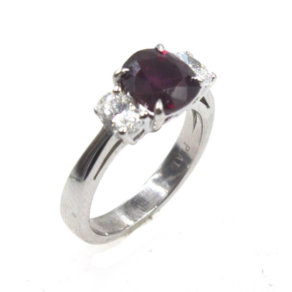 3.04 Carat Cushion Ruby Diamond Three-Stone Ring GIA Certificate In Excellent Condition In Boca Raton, FL
