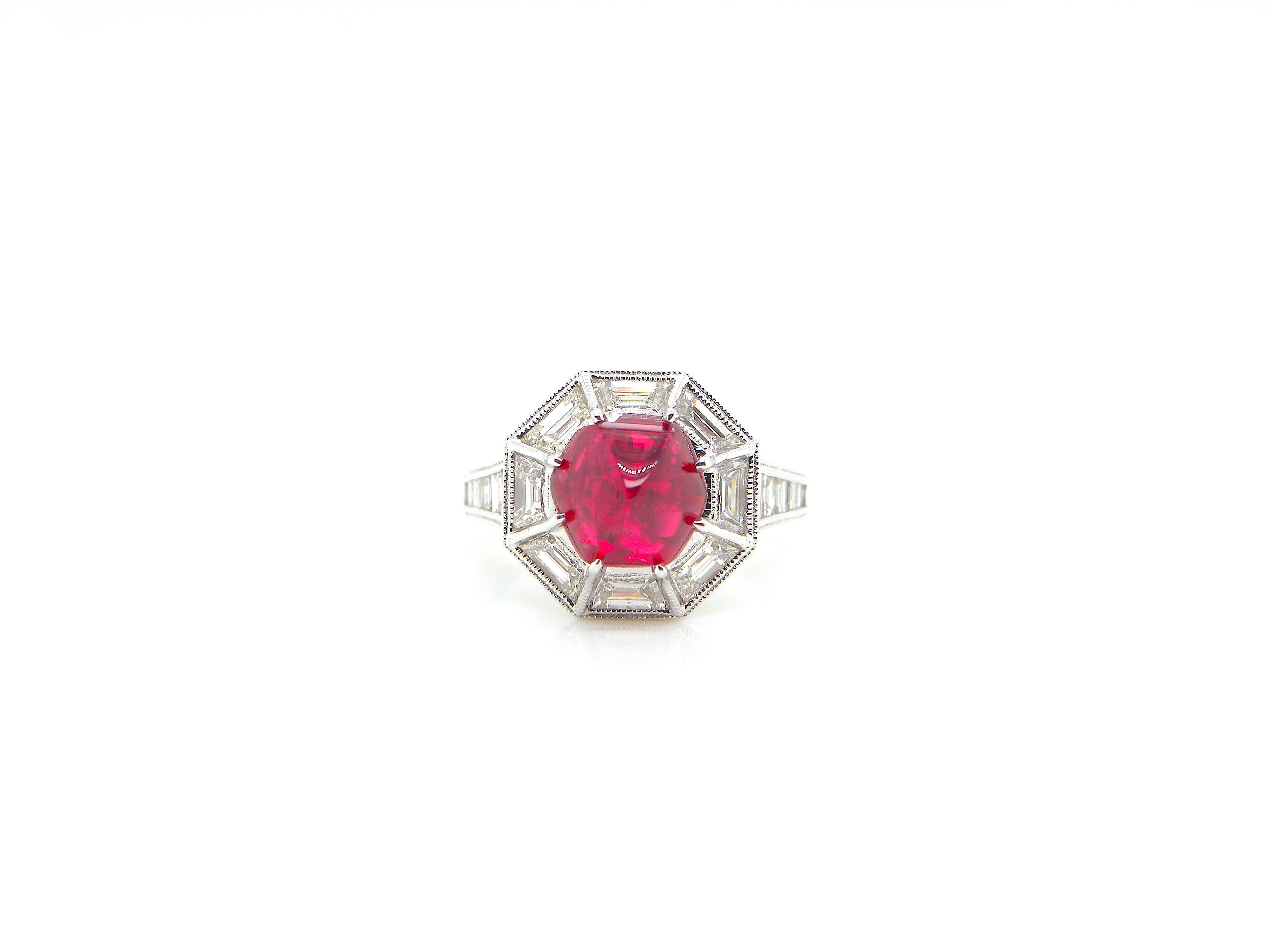 3.04 Carat GIA Certified Burma No Heat Vivid Red Spinel and White Diamond Ring:

A superb ring, it features a 3.04 carat GIA certified Burmese unheated octagon sugarloaf-cut vivid red spinel surrounded by white baguette diamonds weighing 1 carat