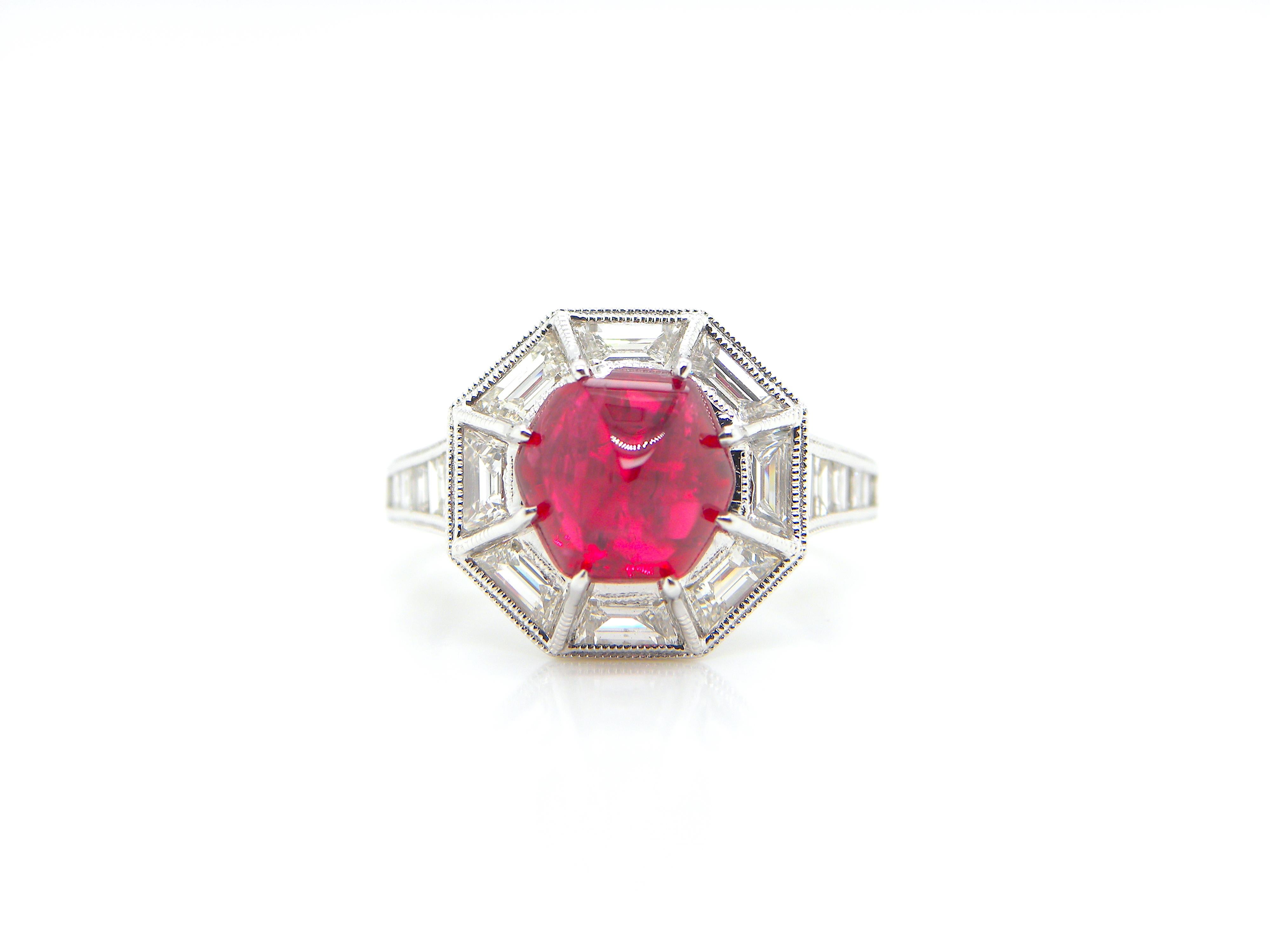 Sugarloaf Cabochon 3.04 Carat GIA Certified Burma No Heat Vivid Red Spinel and White Diamond Ring