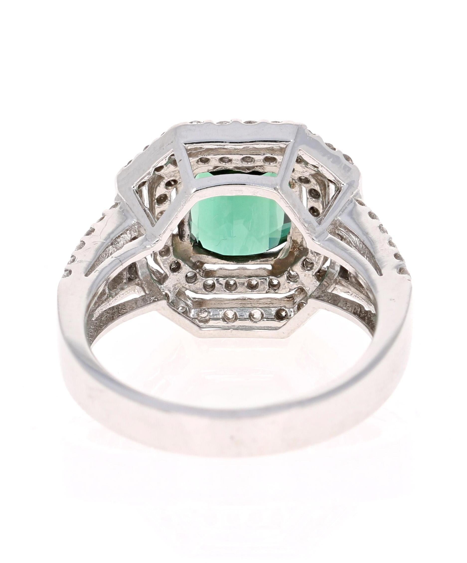 Asscher Cut 3.04 Carat Green Tourmaline and Diamond Ring 14 Karat White Gold Ring For Sale