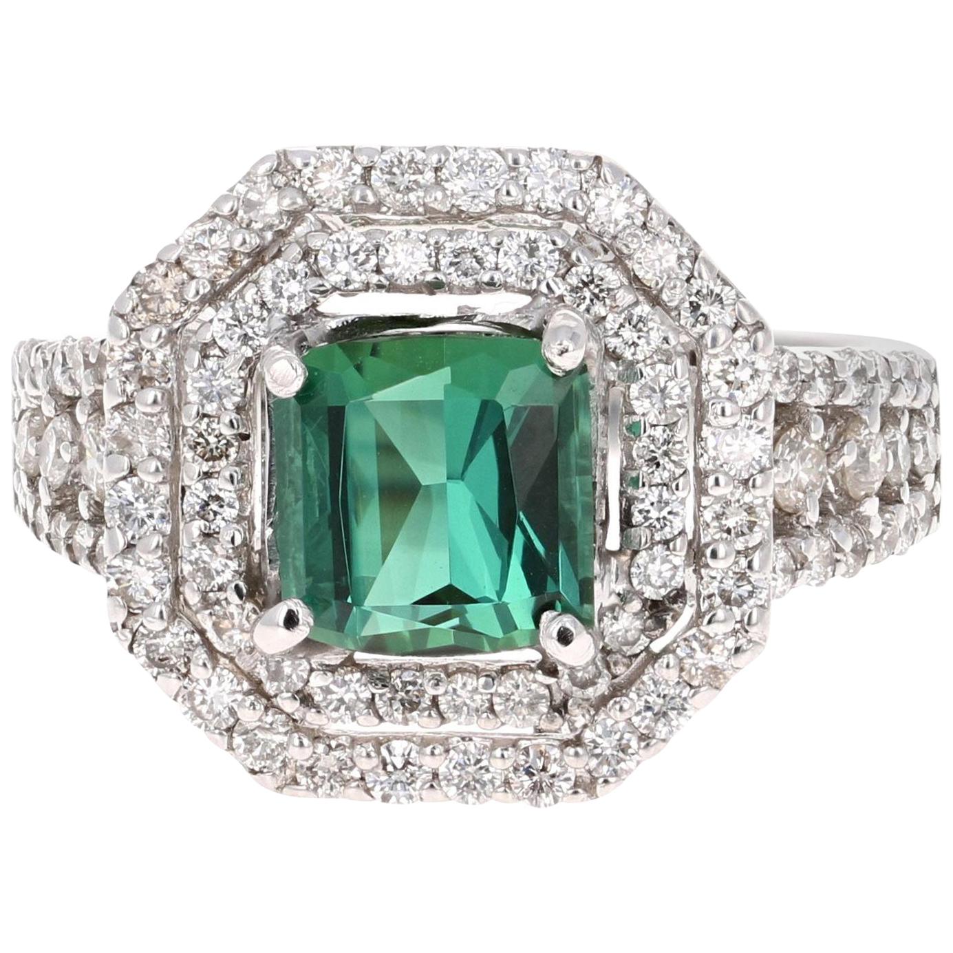 Anillo de diamantes de turmalina verde de 3,04 quilates Anillo de oro blanco en venta