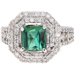 3.04 Carat Green Tourmaline Diamond Ring White Gold Ring