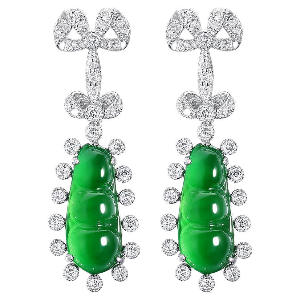 3.04 Carat Jade and Diamond Drop Earring in Platiunum and 18 Karat Gold