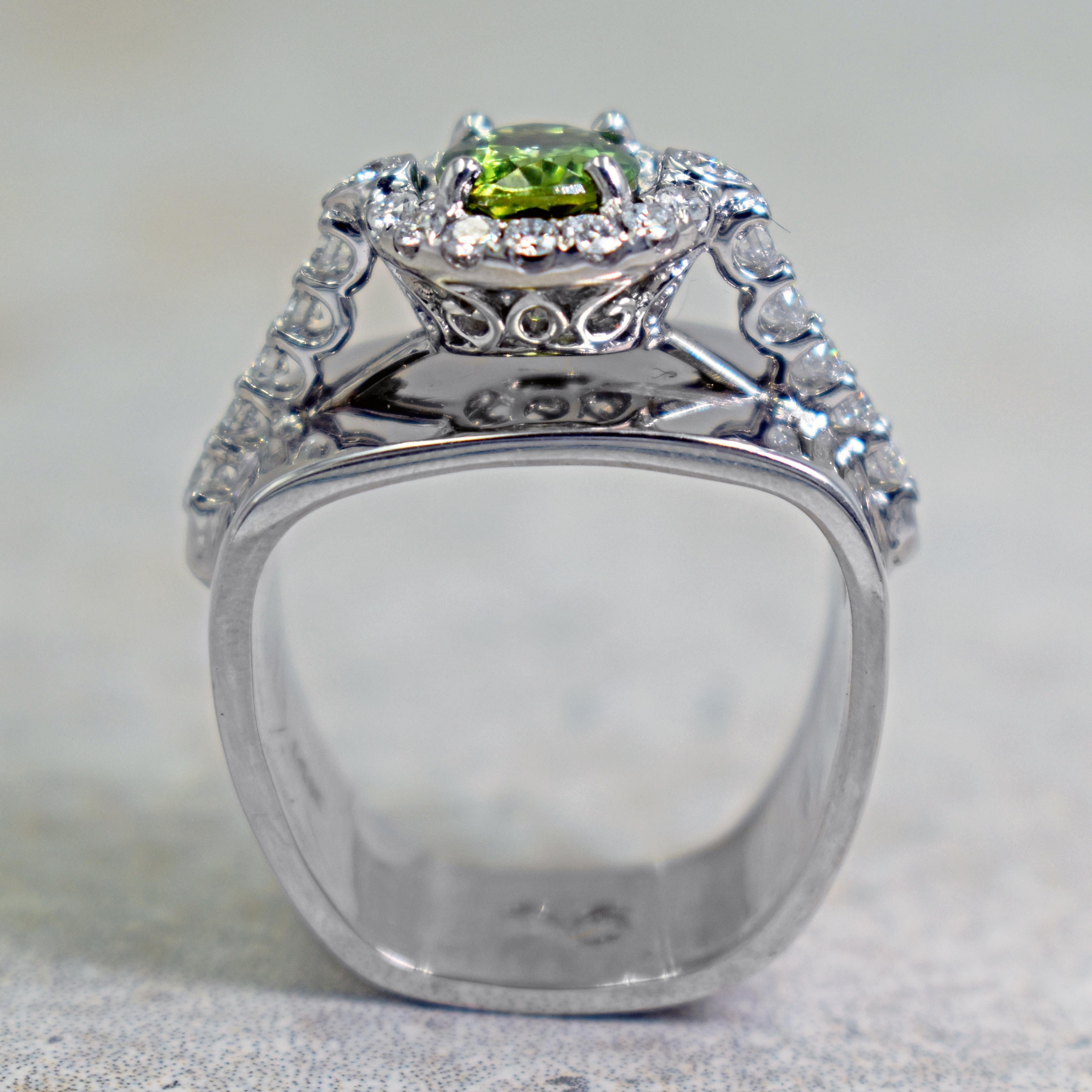 Contemporary 3.04 Carat Mint Green Tourmaline Diamond Halo 14 Karat White Gold Cocktail Ring