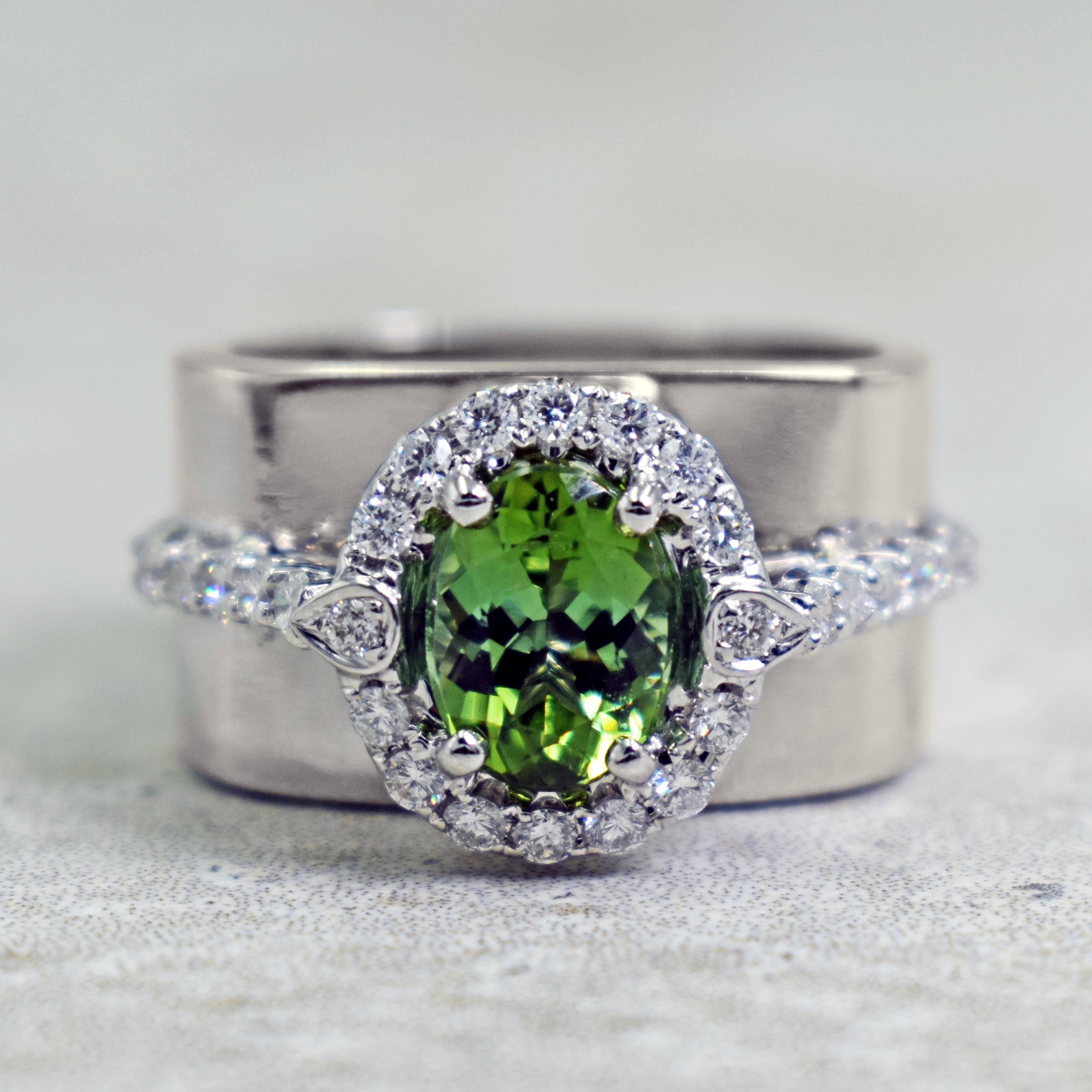 Oval Cut 3.04 Carat Mint Green Tourmaline Diamond Halo 14 Karat White Gold Cocktail Ring