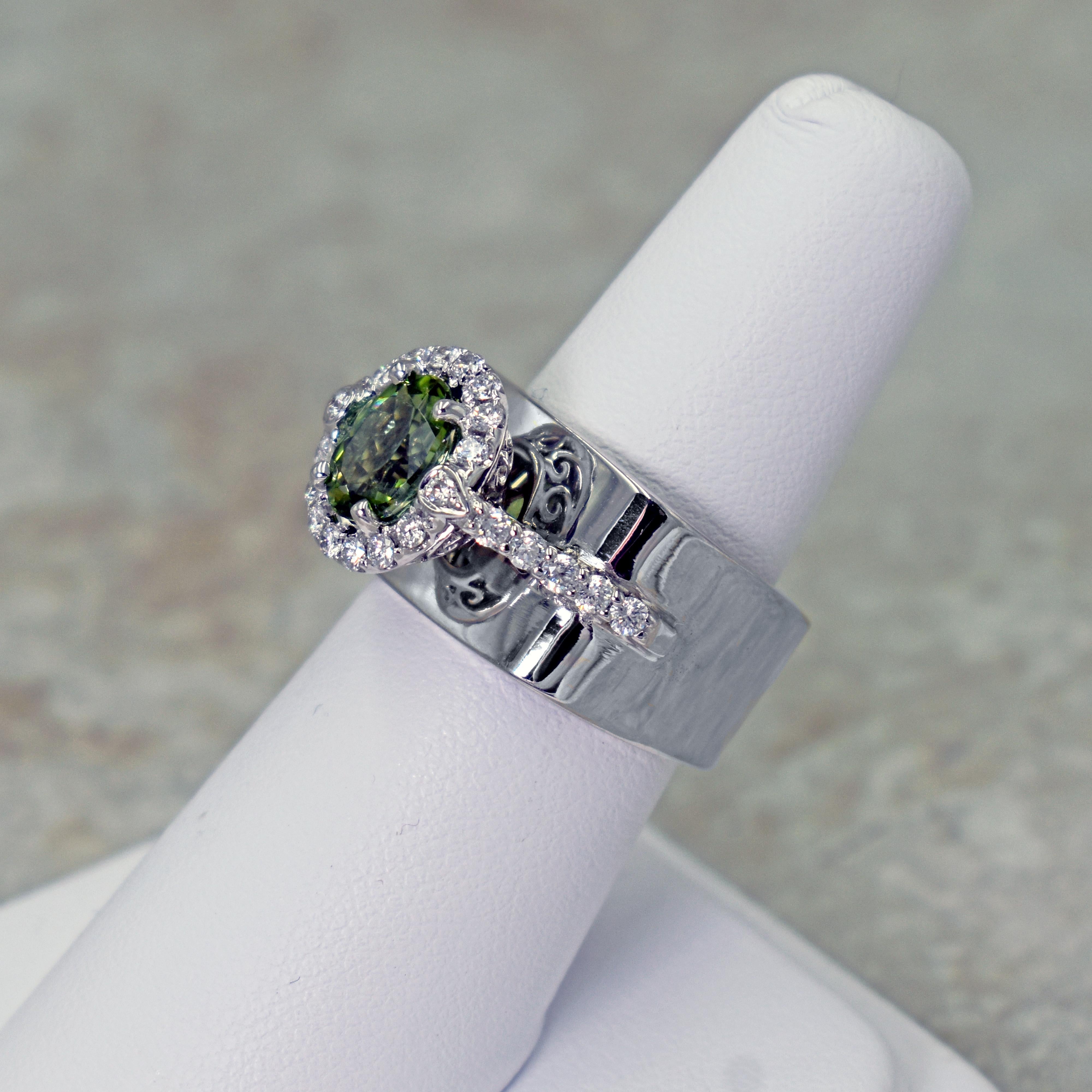 Women's 3.04 Carat Mint Green Tourmaline Diamond Halo 14 Karat White Gold Cocktail Ring