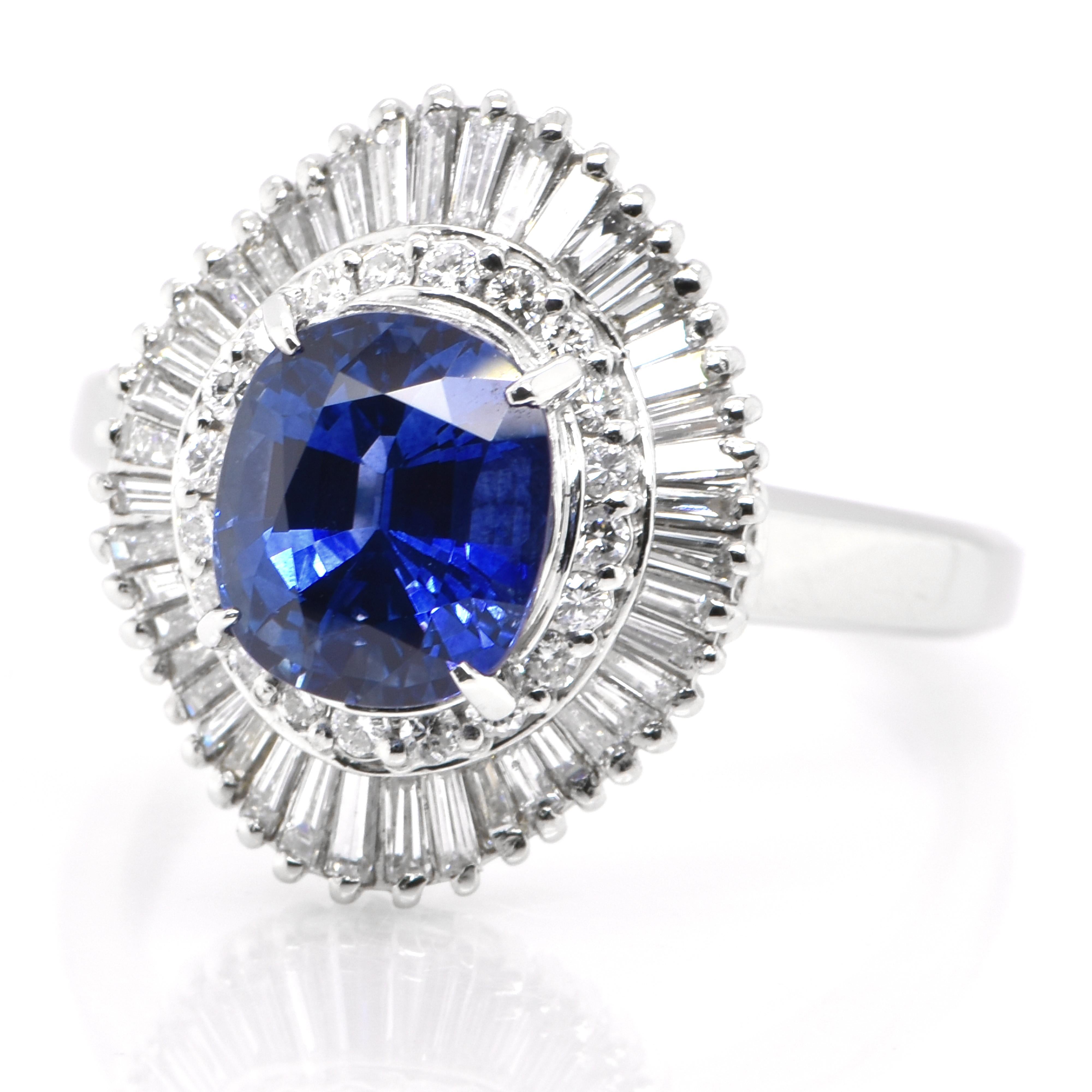 A beautiful ring featuring 3.04 Carat Natural Blue Sapphire and 0.88 Carats Diamond Accents set in Platinum. Sapphires have extraordinary durability - they excel in hardness as well as toughness and durability making them very popular in jewelry.