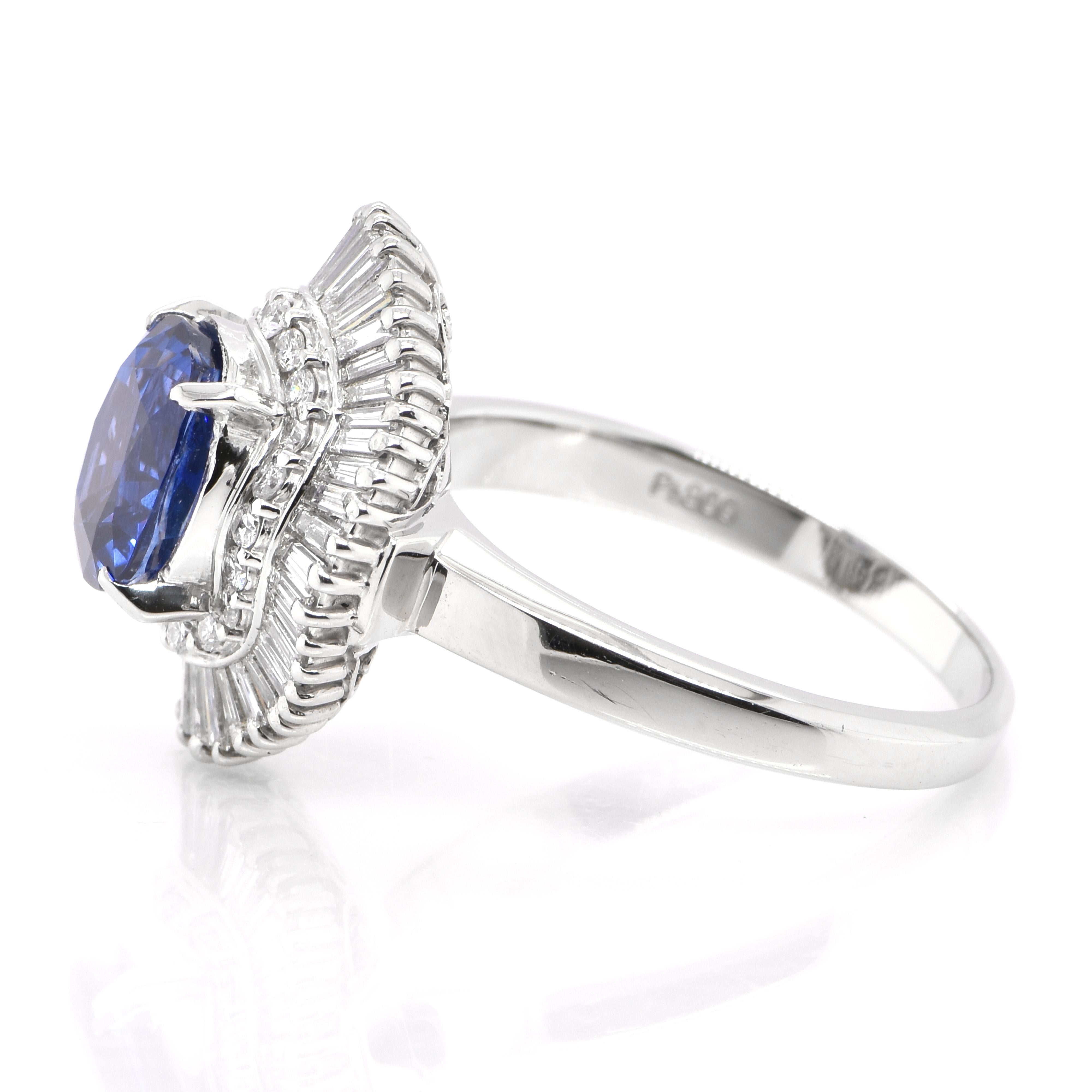 Cushion Cut 3.04 Carat Natural Blue Sapphire and Diamond Ballerina Ring Set in Platinum