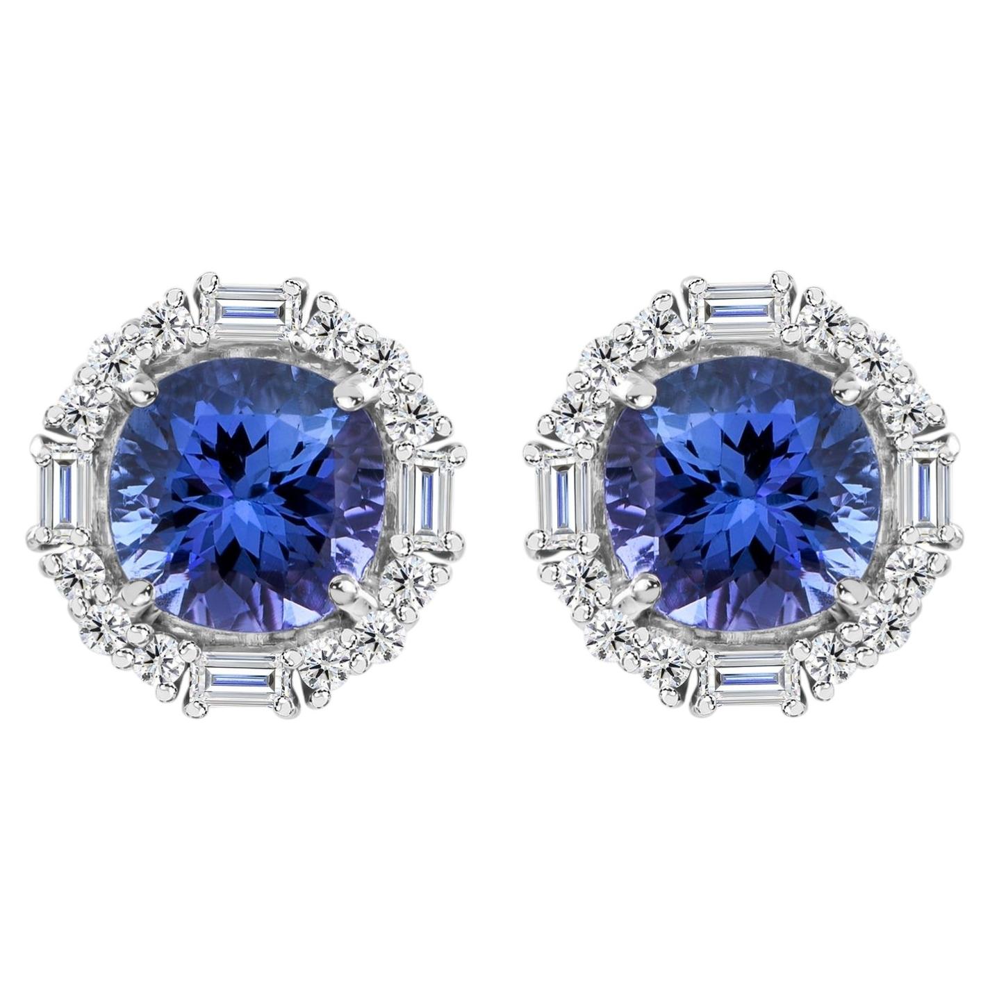 3.04 Carat Natural Blue Sapphire Diamond Halo Stud Earrings in 18K White Gold