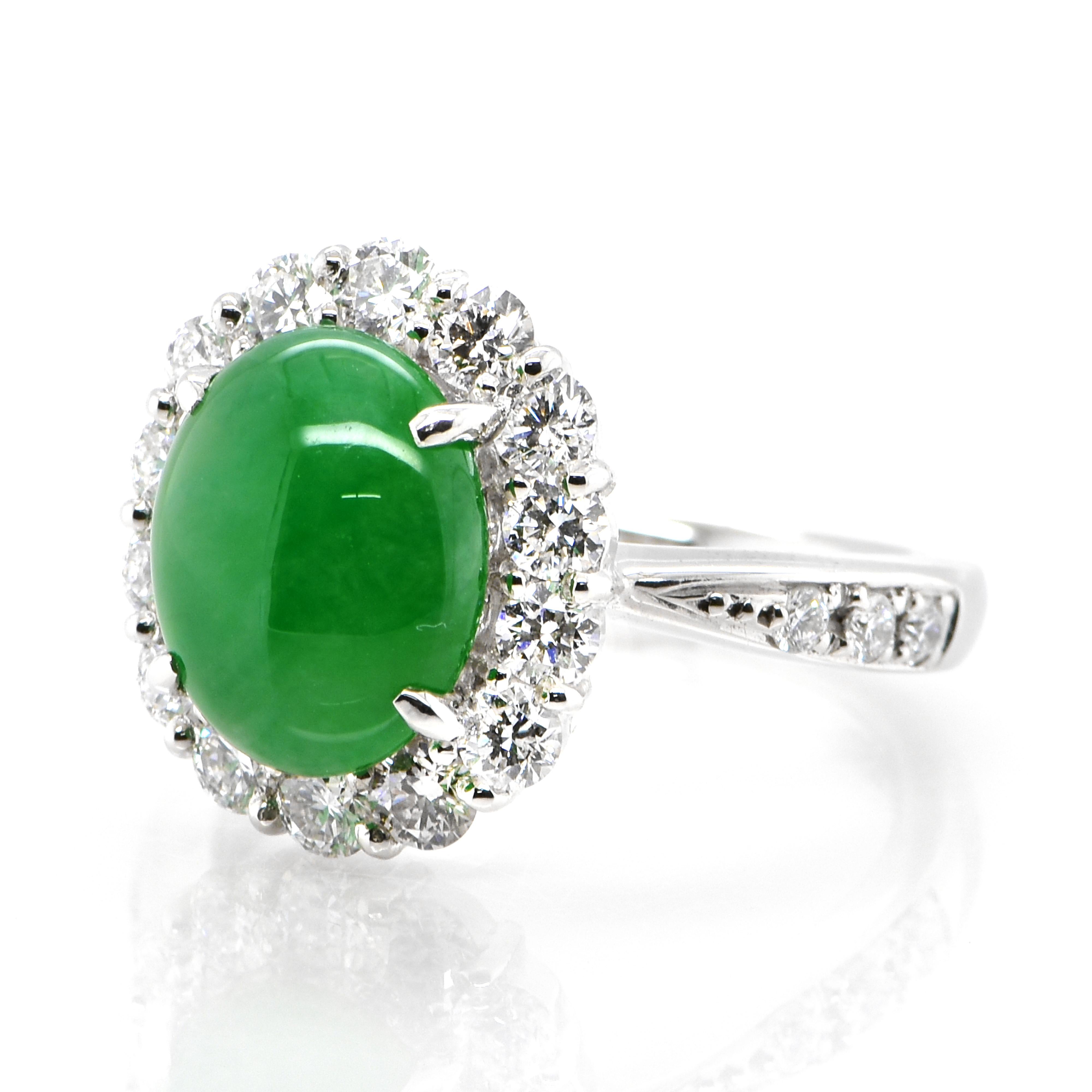 A beautiful Ring featuring a 3.049 Carat, Natural, Non-dyed Jadeite and 1.005 Carats of Diamond Accents set in Platinum. Jadeite has been cherished for millennia. Its nature is pure and enduring, yet sensuous and luxurious. Jadeite’s exceptional