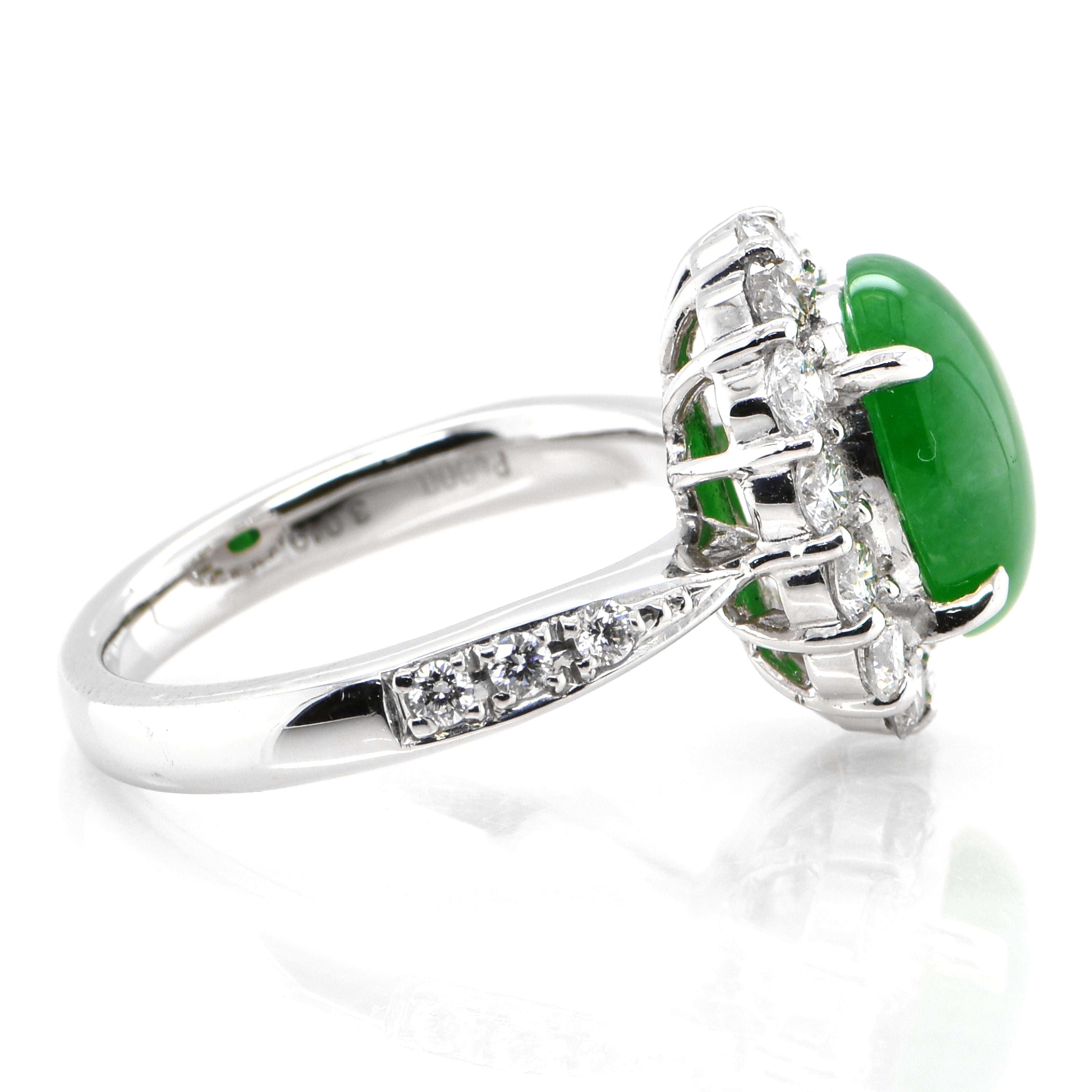 Cabochon 3.04 Carat Natural 'Non-Dyed' Jadeite and Diamond Ring Set in Platinum For Sale