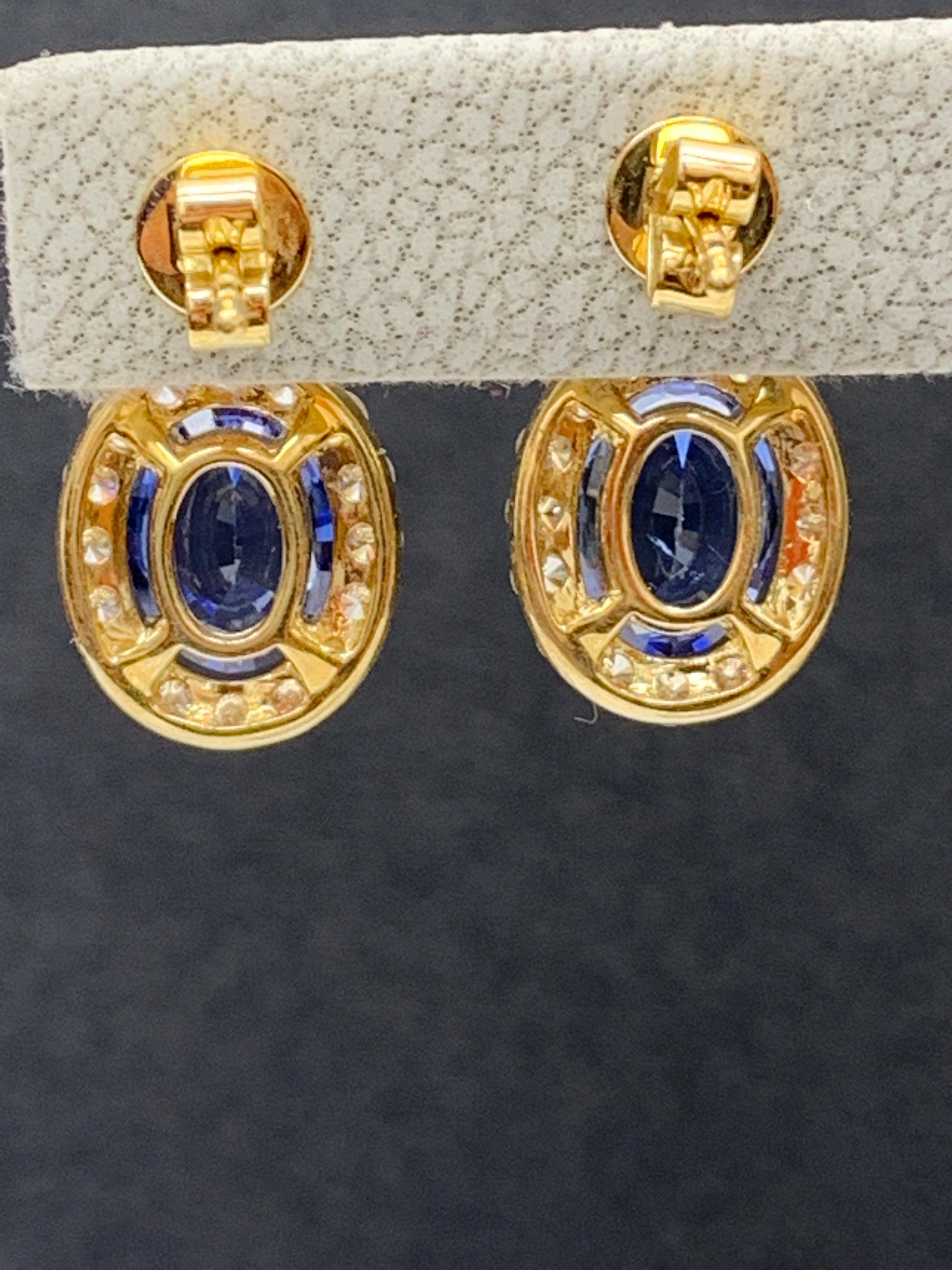 3.04 Carat of Oval Shape Blue Sapphire Diamond Drop Earrings in 18K Yellow Gold For Sale 6