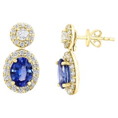 3.04 Carat of Oval Shape Blue Sapphire Diamond Drop Earrings in 18K Yellow Gold