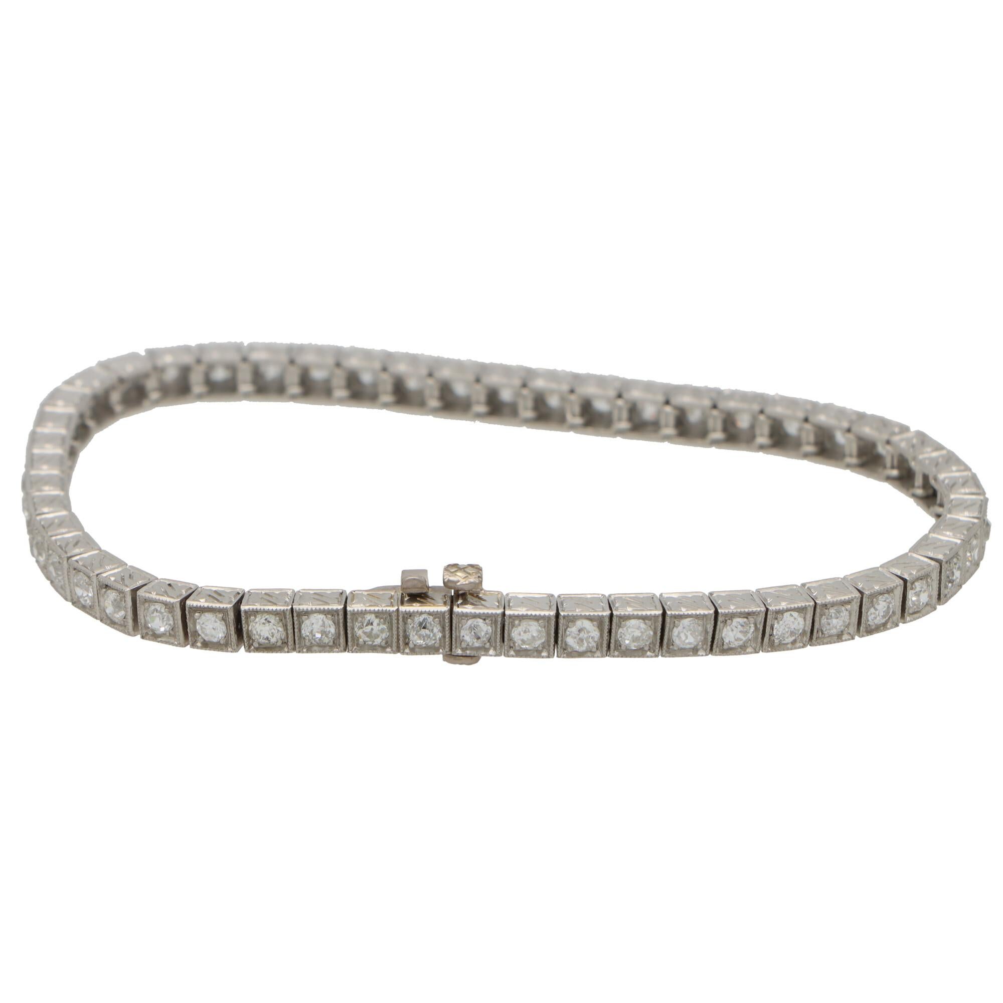Women's or Men's 3.04 Carat Old Cut Diamond Line Tennis Bracelet in Platinum For Sale