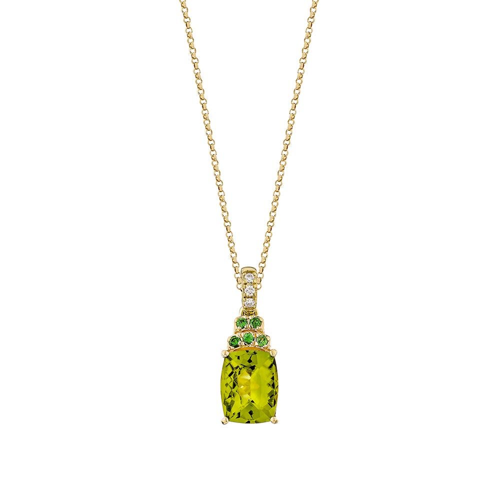This collection features a selection of the most Olivia hue peridot gemstone. Uniquely designed this pendant with tsavorite and diamonds in Yellow gold to present a rich and regal look.

Peridot Pendant in 18Karat Yellow Gold with Tsavorite and 