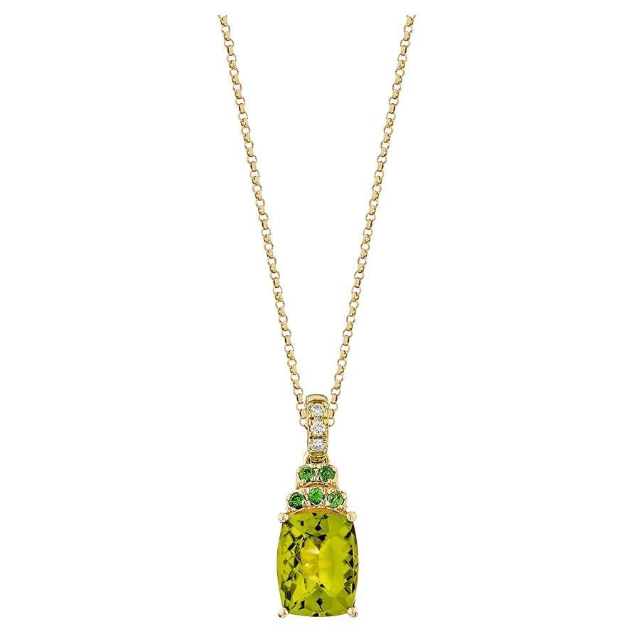 3.04 Carat Peridot Pendant in 18Karat Yellow Gold with Tsavorite and Diamond. For Sale