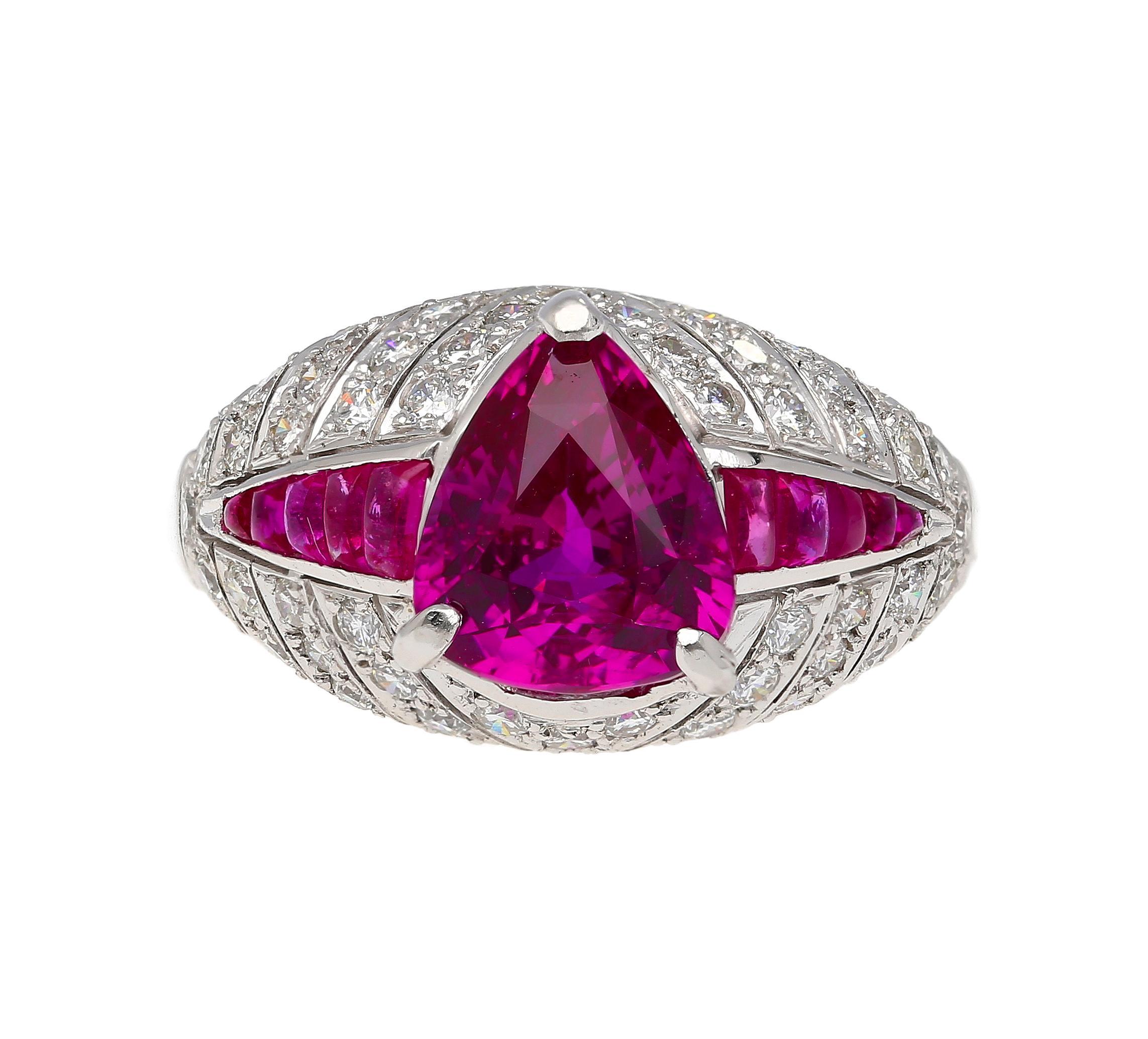 Art Deco platinum ring sets 3.04 carat trillion-cut purplish pink ruby, complemented by 10 square-cut ruby side stones and 1.50 carats total weight of diamonds. Ring size 6.75 (adjustable)

Details: 
Item Type: Cocktail Ring
Metal: Platinum
Weight: