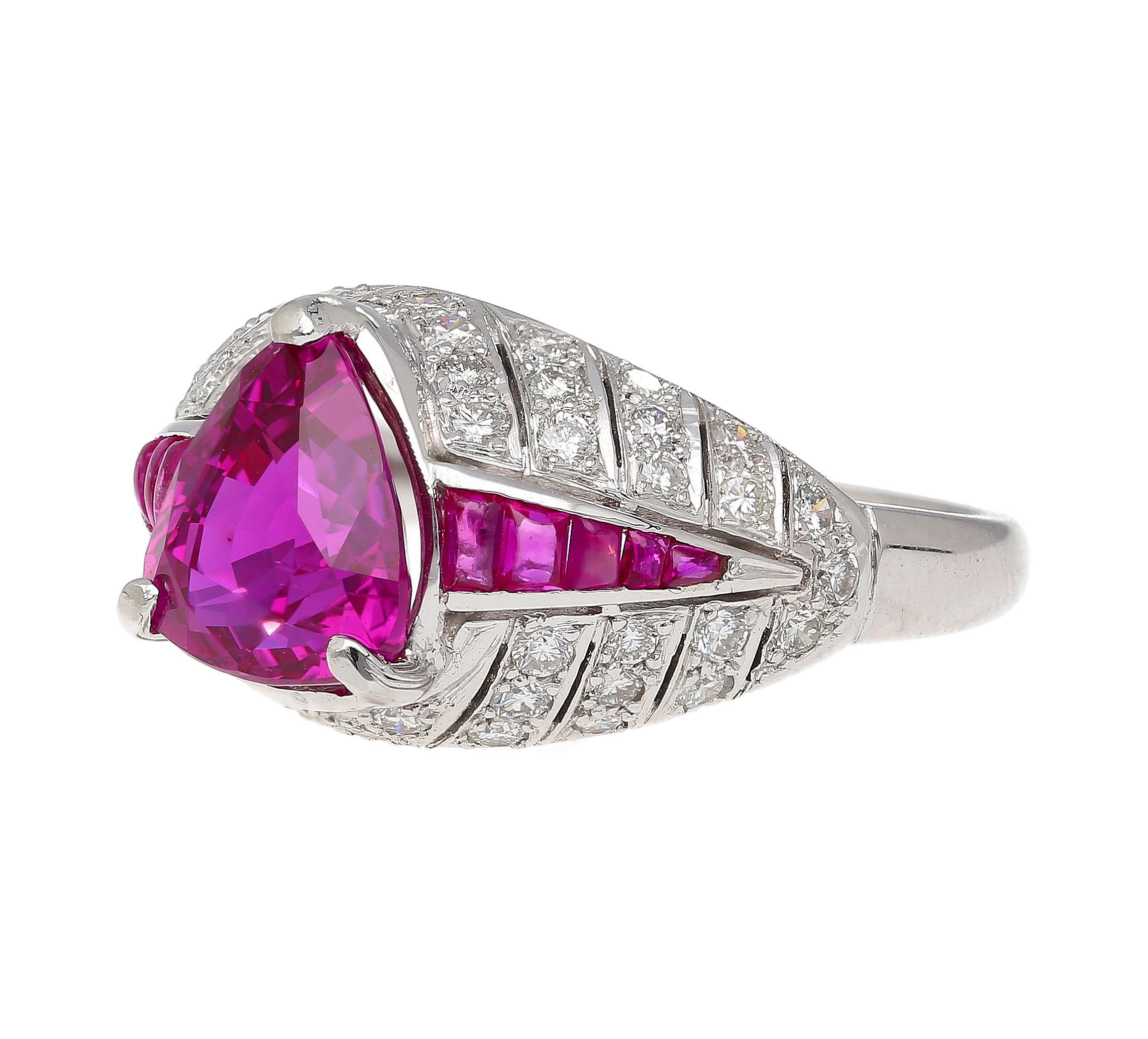 Trillion Cut 3.04 Carat Purplish Pink Trillion-Cut Ruby and Diamond Cocktail Ring For Sale