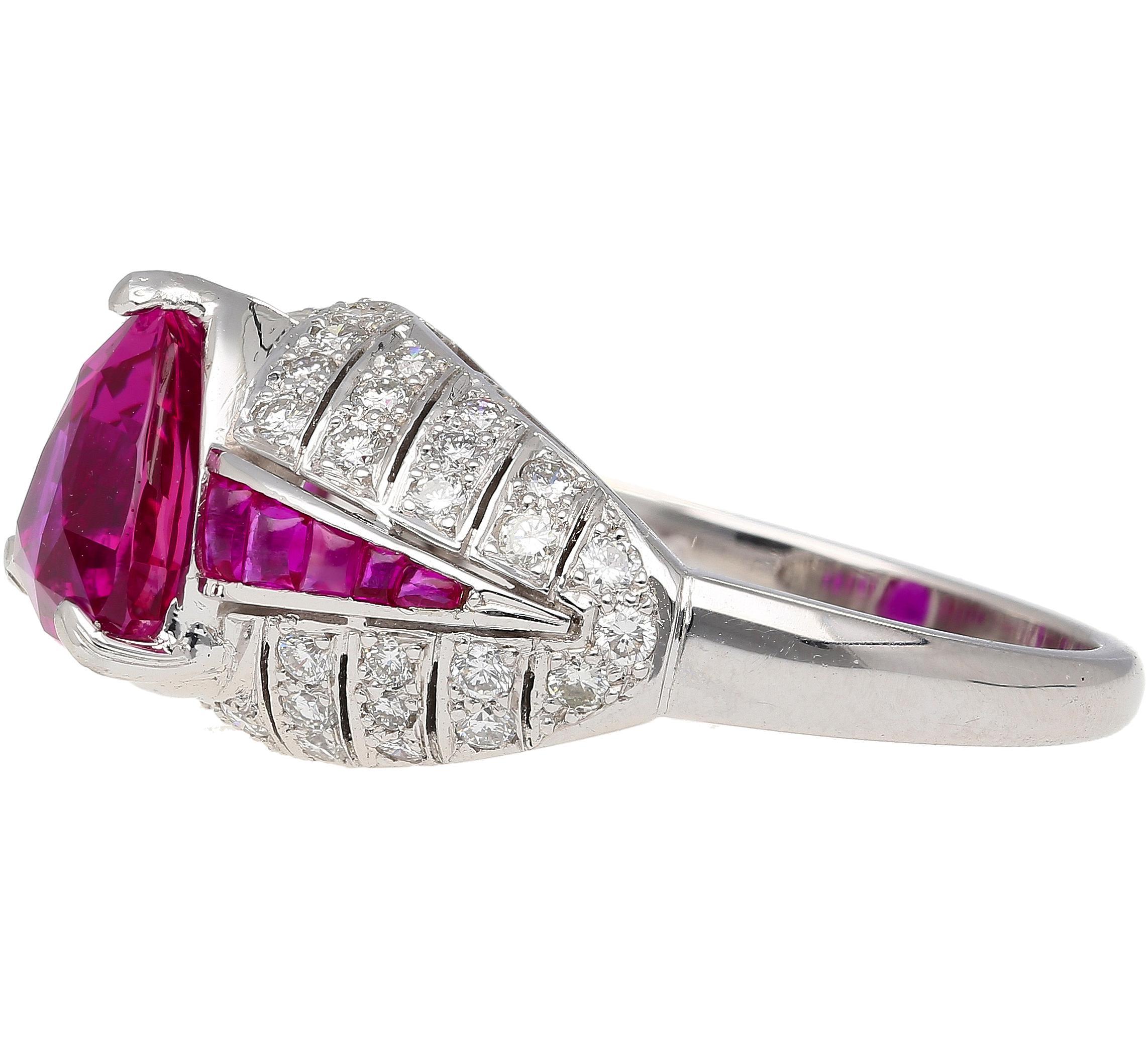 Women's 3.04 Carat Purplish Pink Trillion-Cut Ruby and Diamond Cocktail Ring For Sale