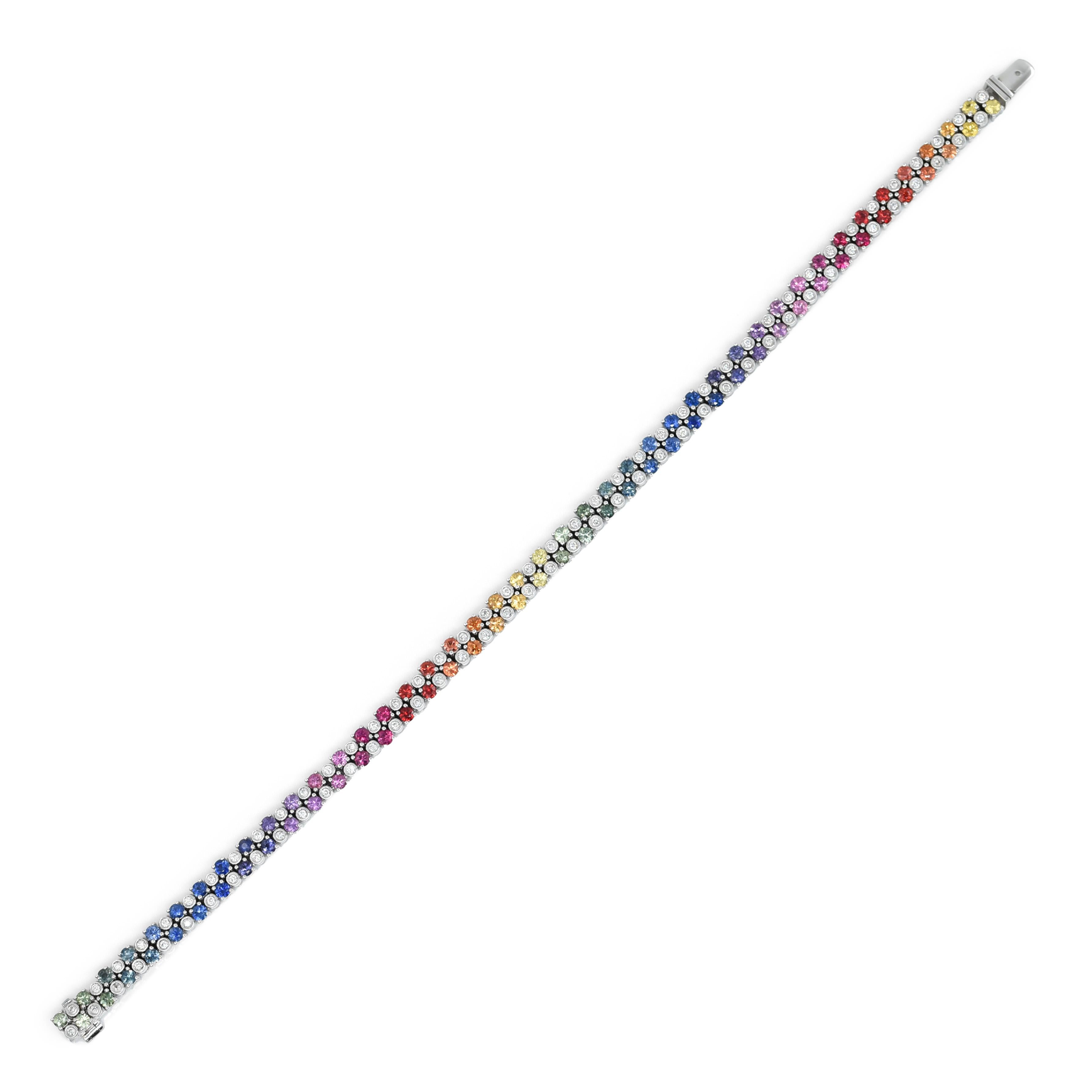 Art Deco 3.04 Carat Rainbow Multi Color Sapphires 18K White Gold Bracelet, Diamonds For Sale