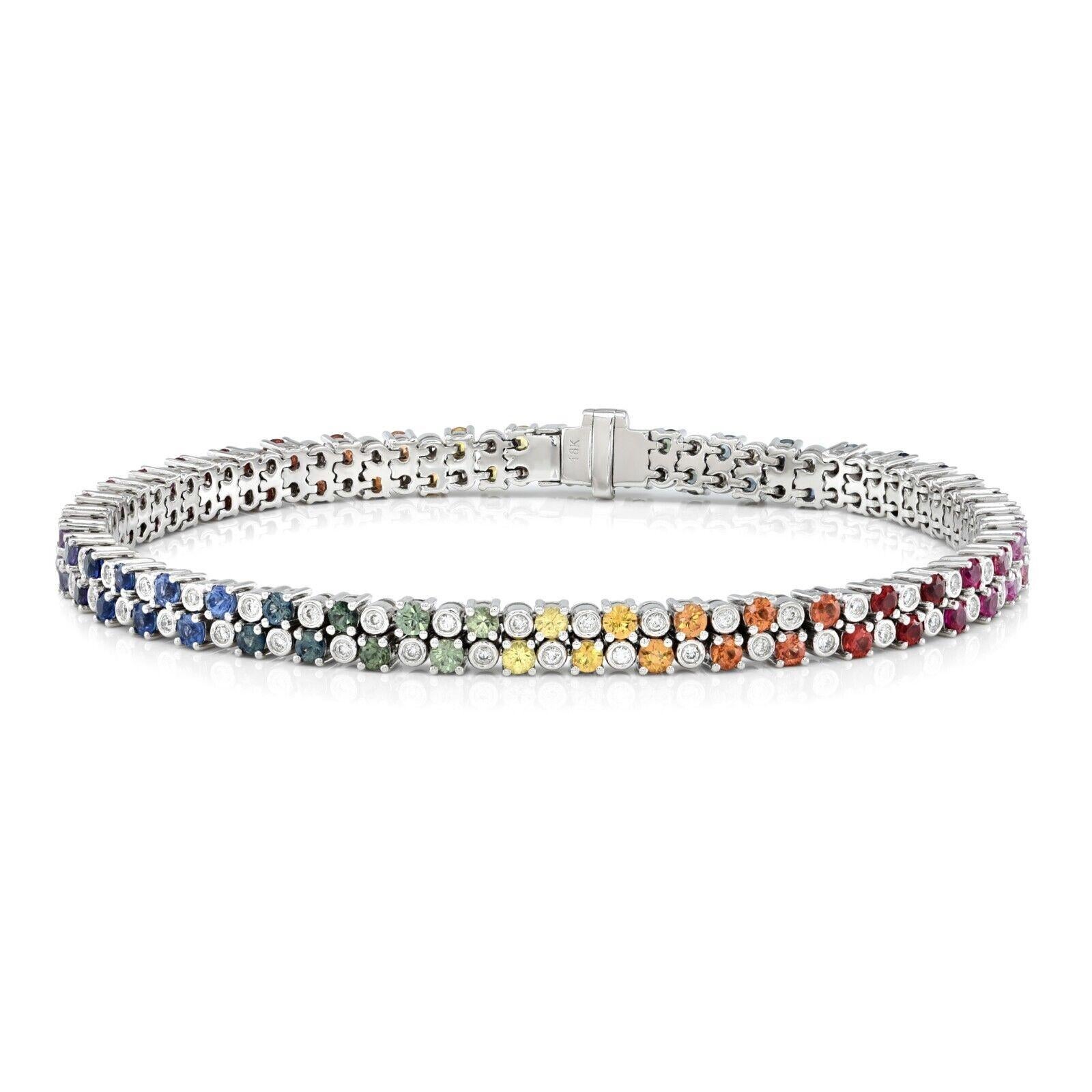 Brilliant Cut 3.04 Carat Rainbow Multi Color Sapphires 18K White Gold Bracelet, Diamonds For Sale